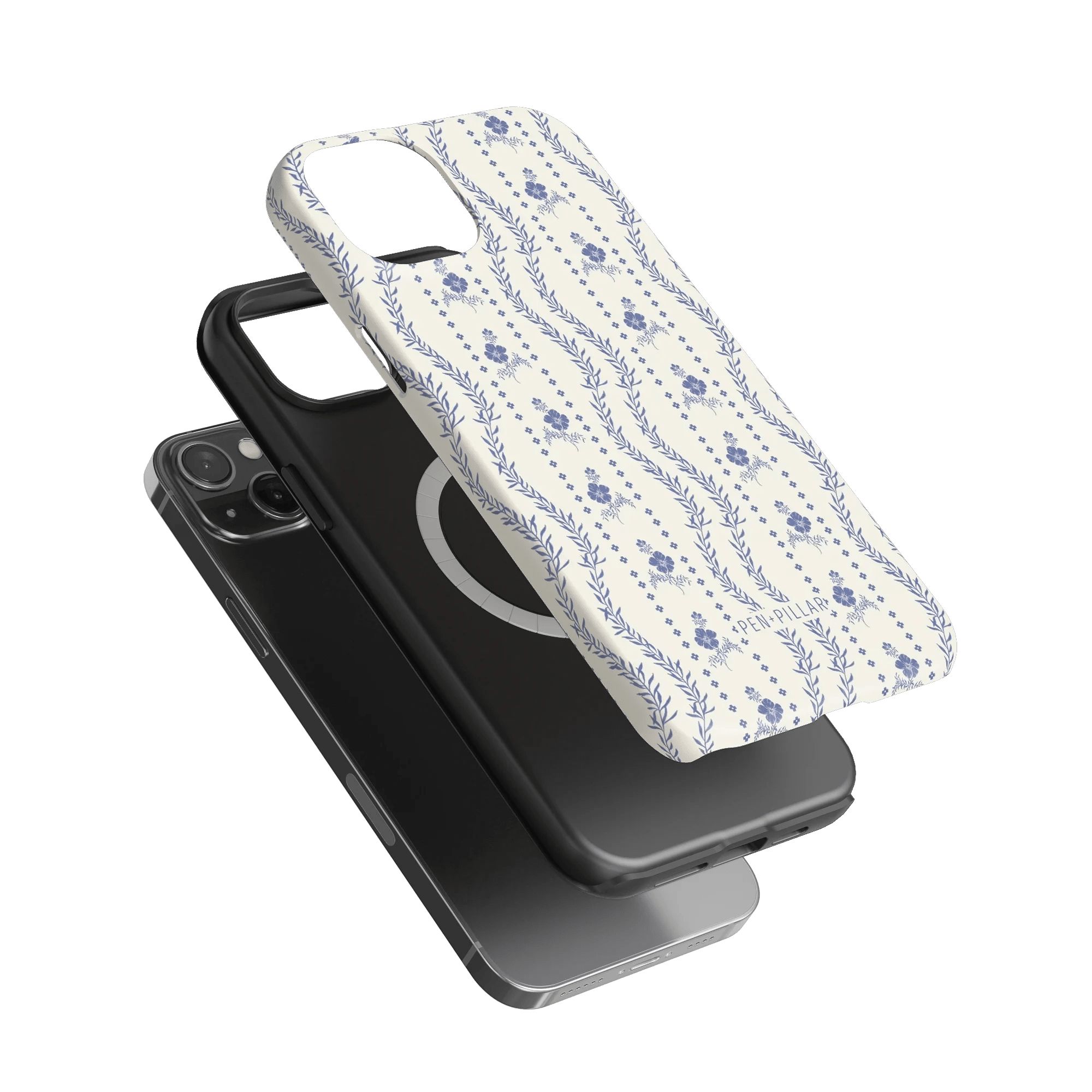 Riviera iPhone case featuring a floral pattern on a white background, shown with a black phone case underneath.