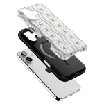 Riviera iPhone case featuring a floral design in blue on a white background, layered over a black and white phone.