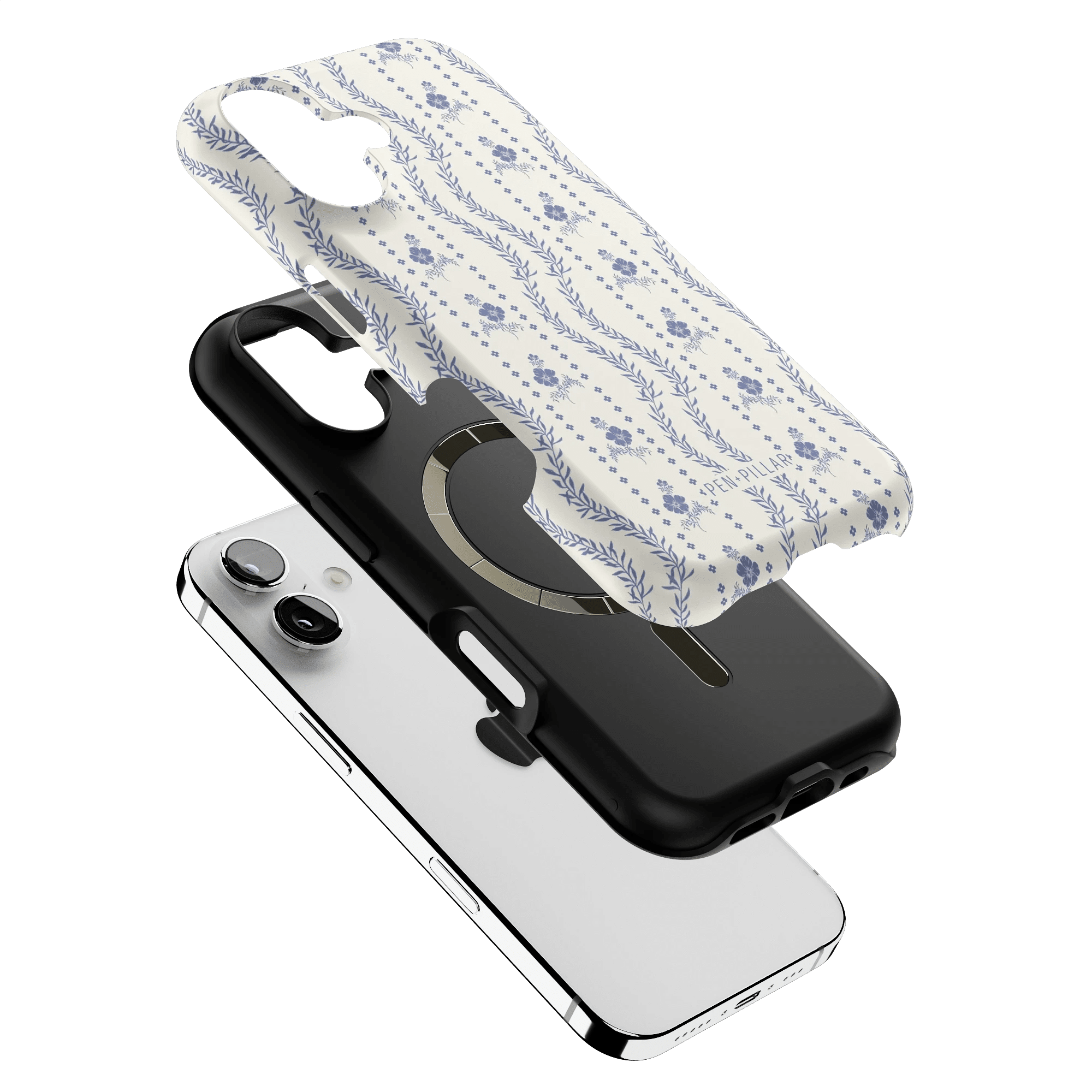 Riviera iPhone case featuring a floral design in blue on a white background, layered over a black and white phone.