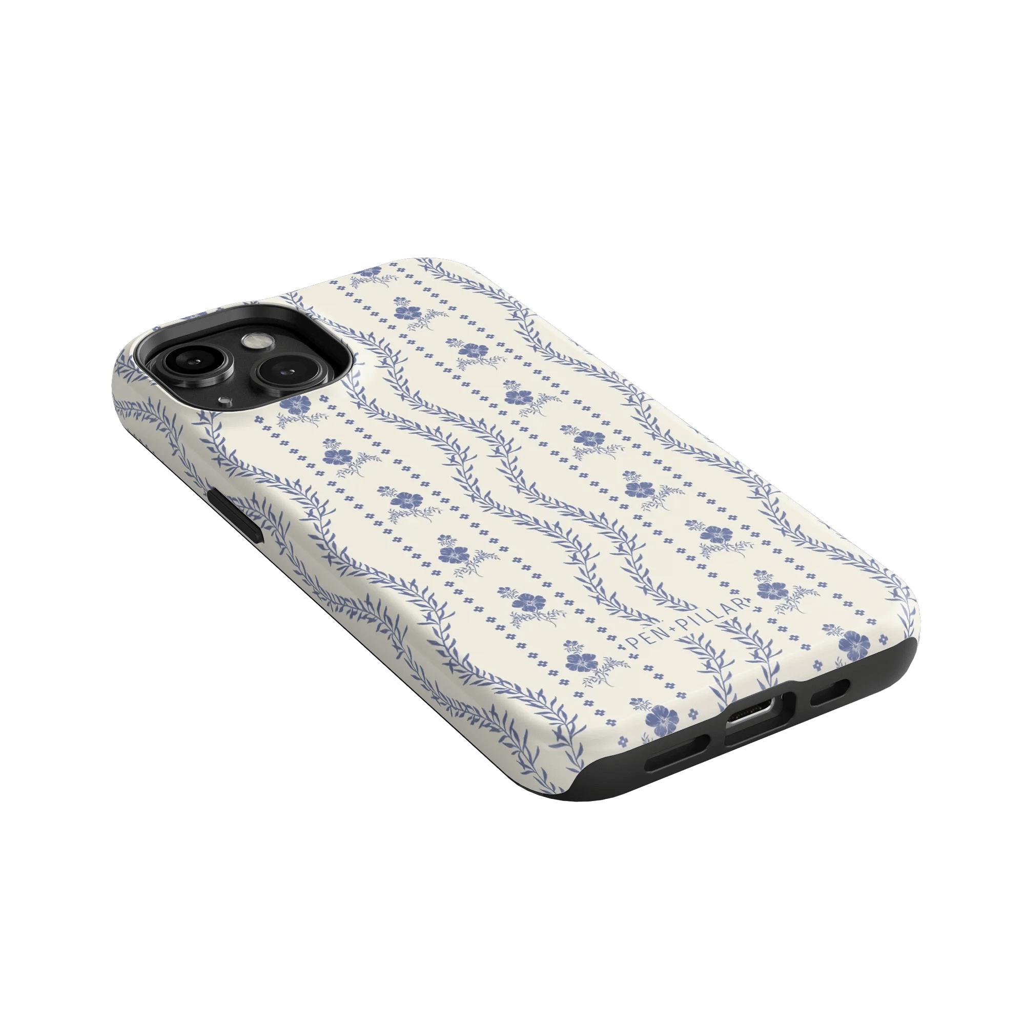 Riviera iPhone case featuring a floral pattern in blue on a cream background, angled view showing ports and buttons.