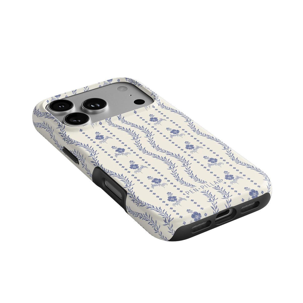Riviera iPhone case featuring a floral pattern in blue on a cream background, angled view showing camera cutout.