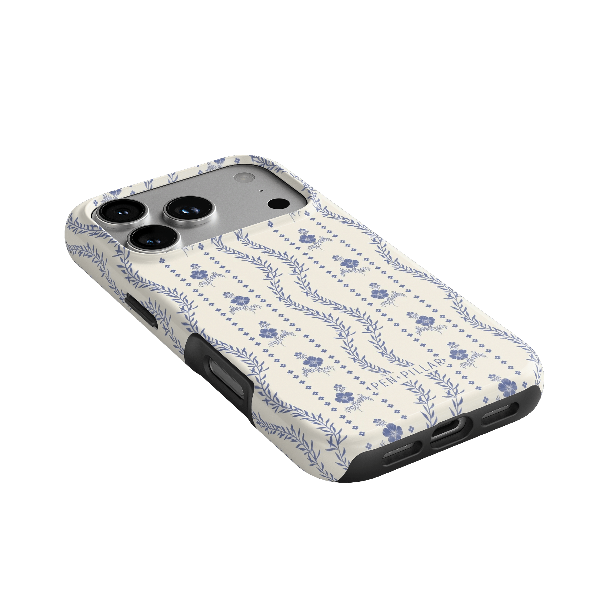 Riviera iPhone case featuring a floral pattern in blue on a cream background, angled view showing camera cutout.