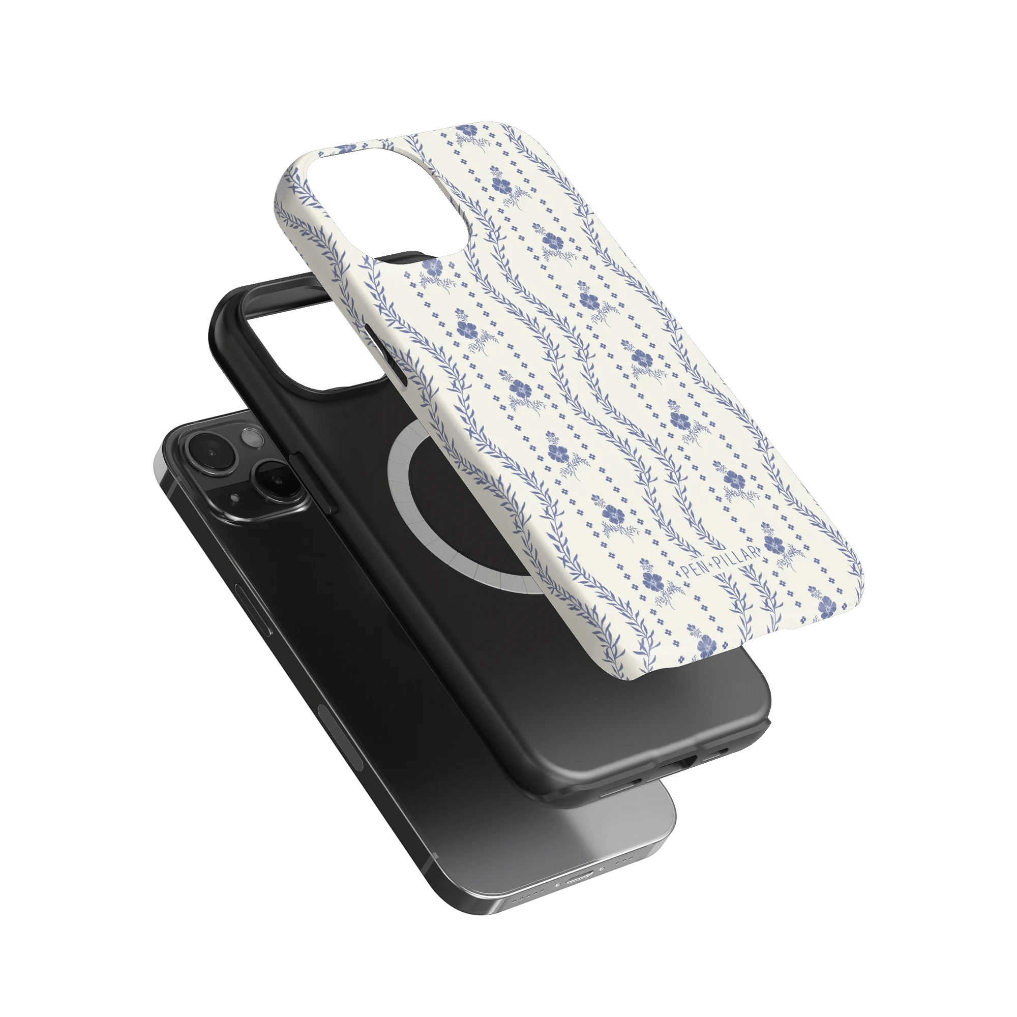 Riviera iPhone case featuring a floral pattern on a white background, displayed above a black phone case.