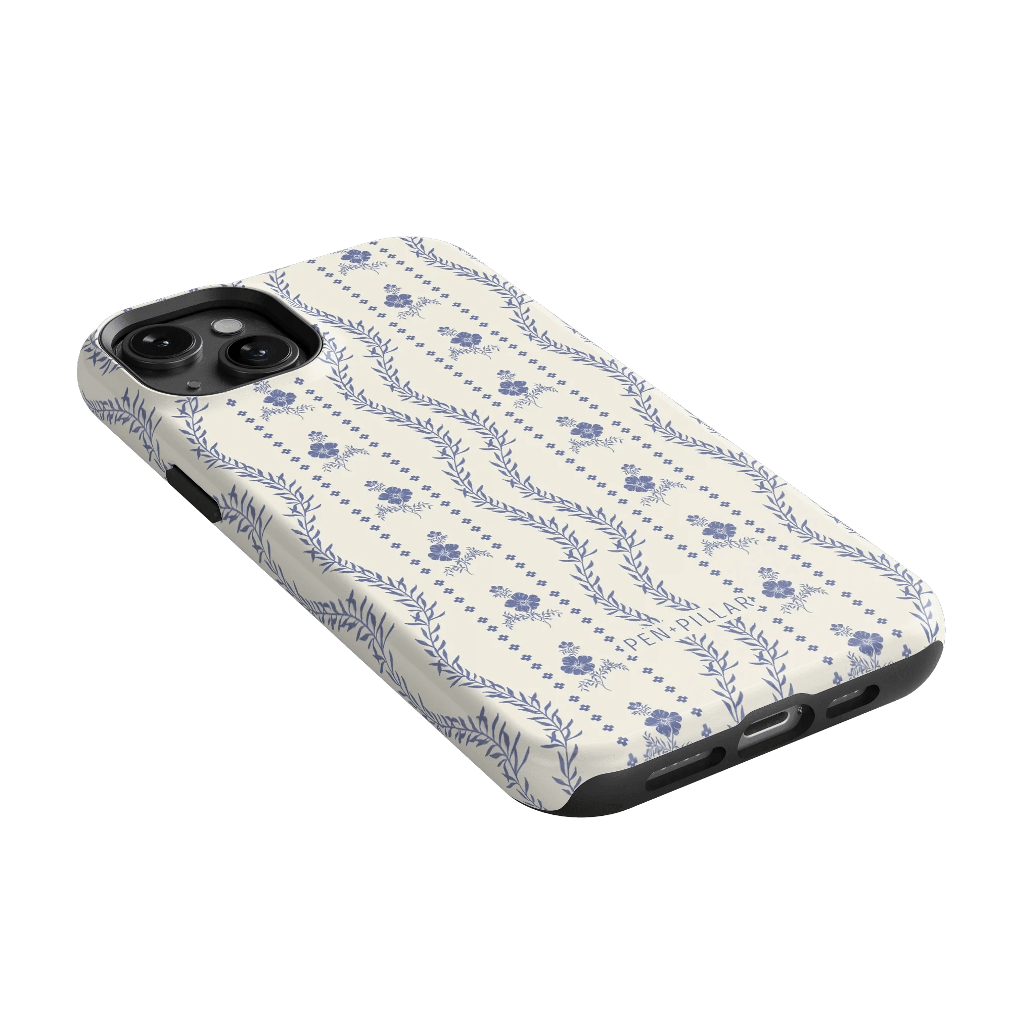 Riviera iPhone case featuring a floral pattern in blue on a cream background, angled to show the side and camera cutouts.