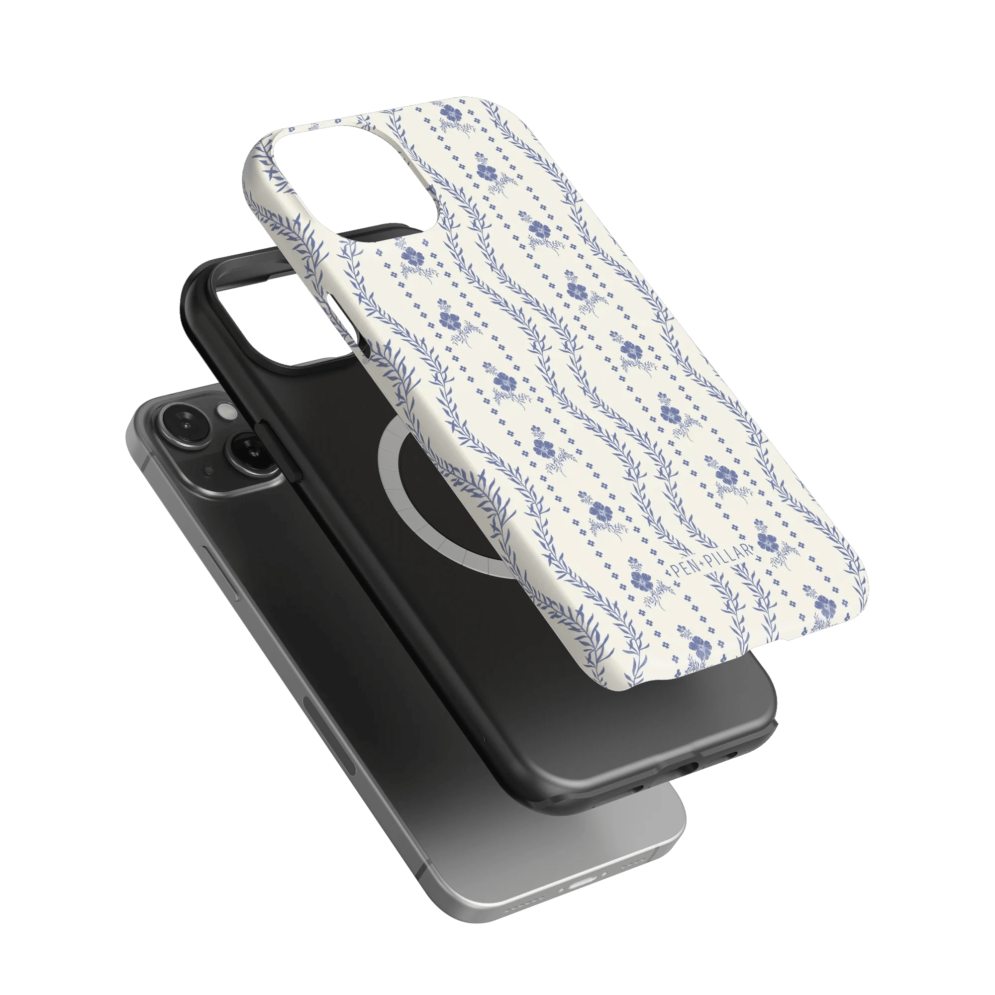 Riviera iPhone case featuring a floral pattern in blue on a white background, shown alongside a black phone case.