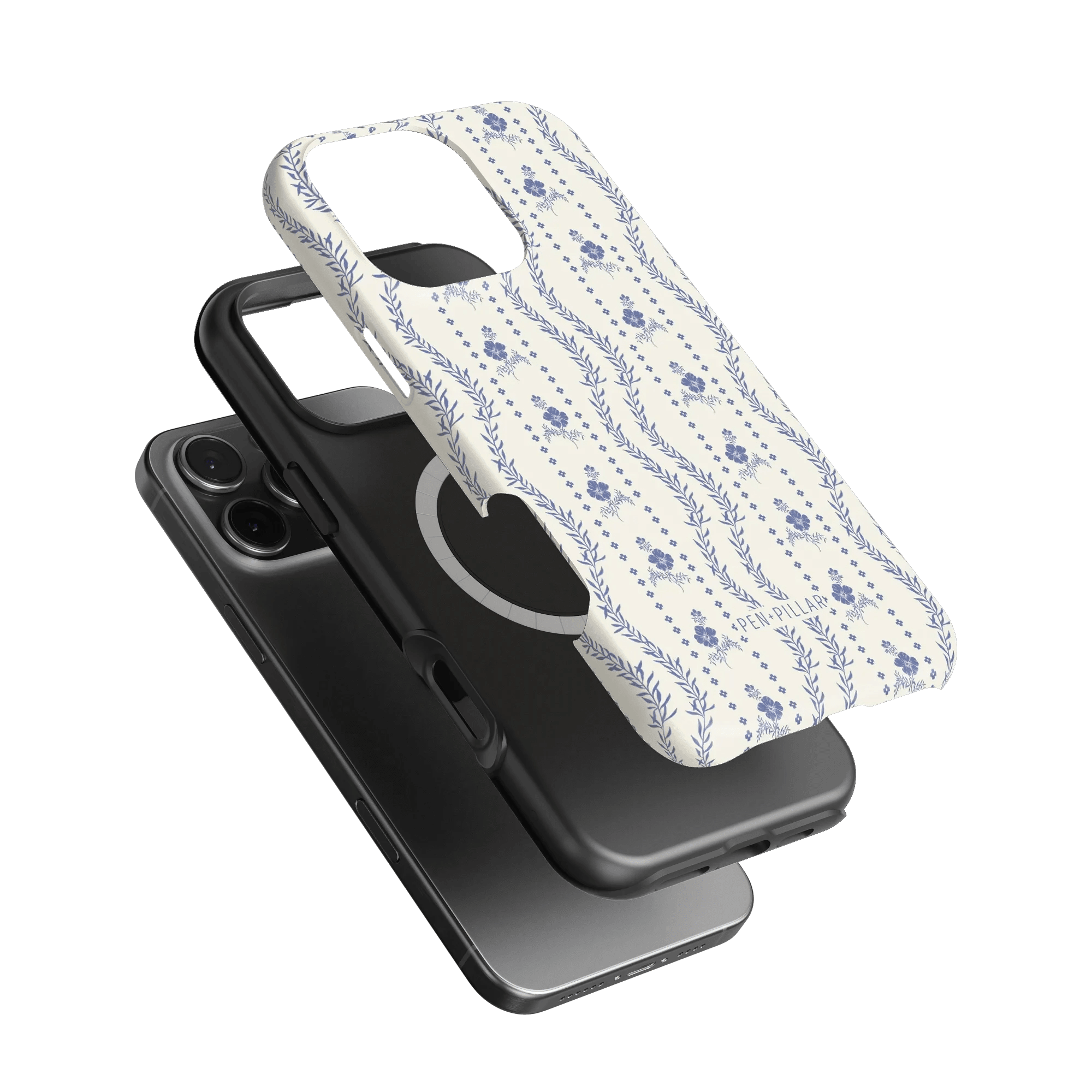 Riviera iPhone case featuring a floral design in blue on a white background, layered over a black phone case.