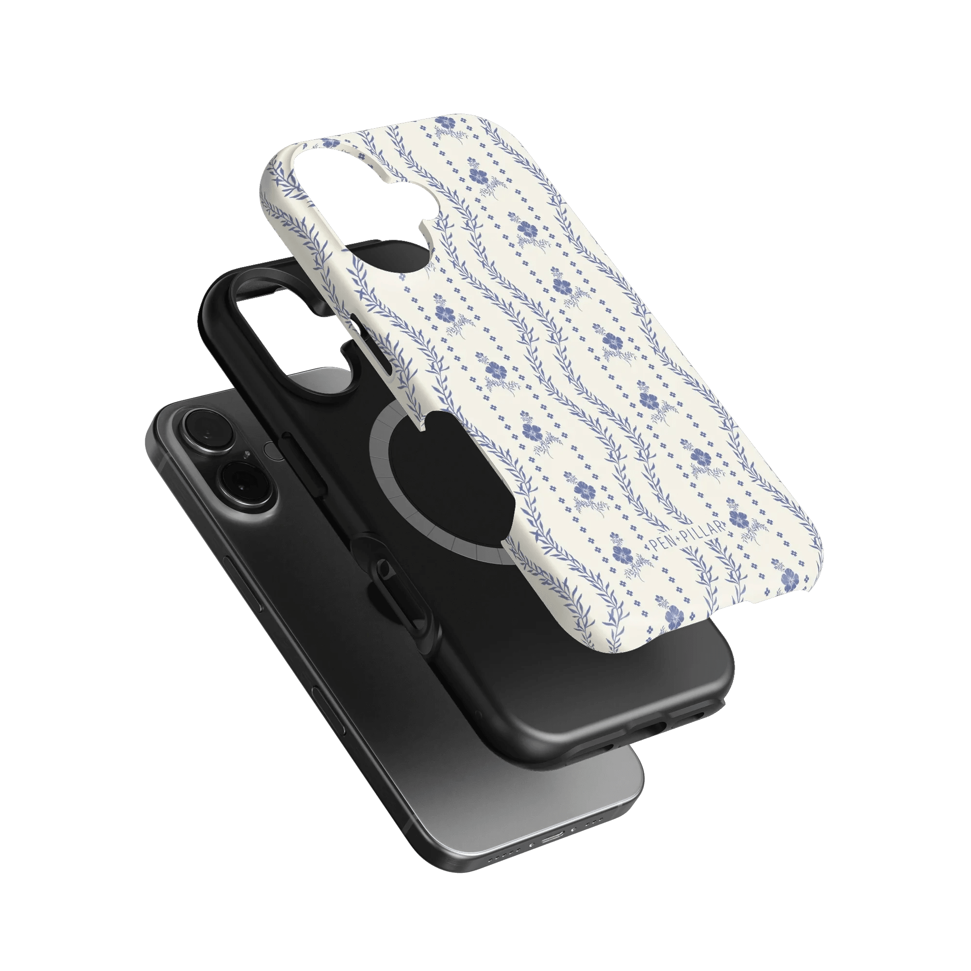 Riviera iPhone case featuring a floral pattern in blue on a white background, layered over a black phone case.