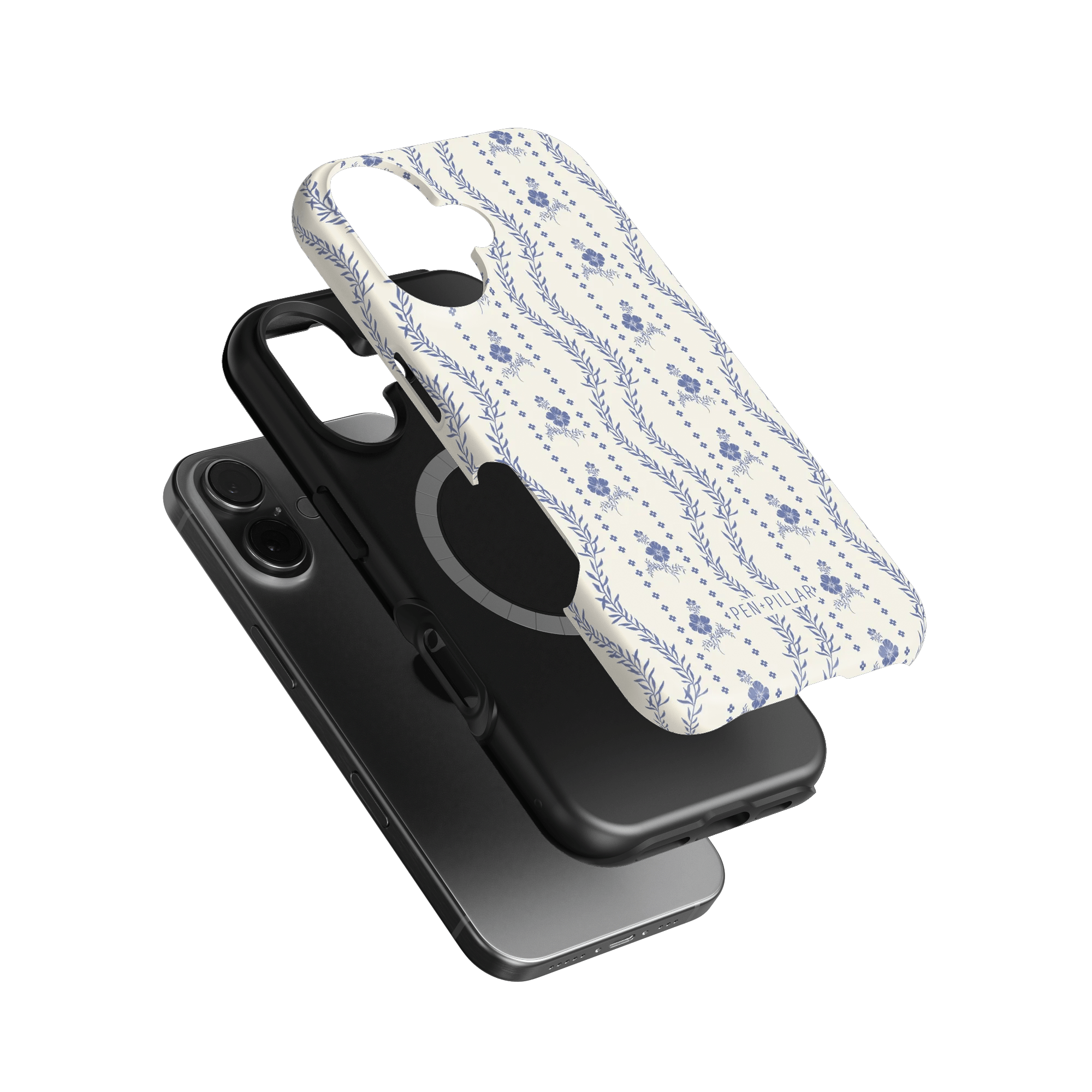 Riviera iPhone case featuring a floral pattern on a white background, layered over a black phone case.
