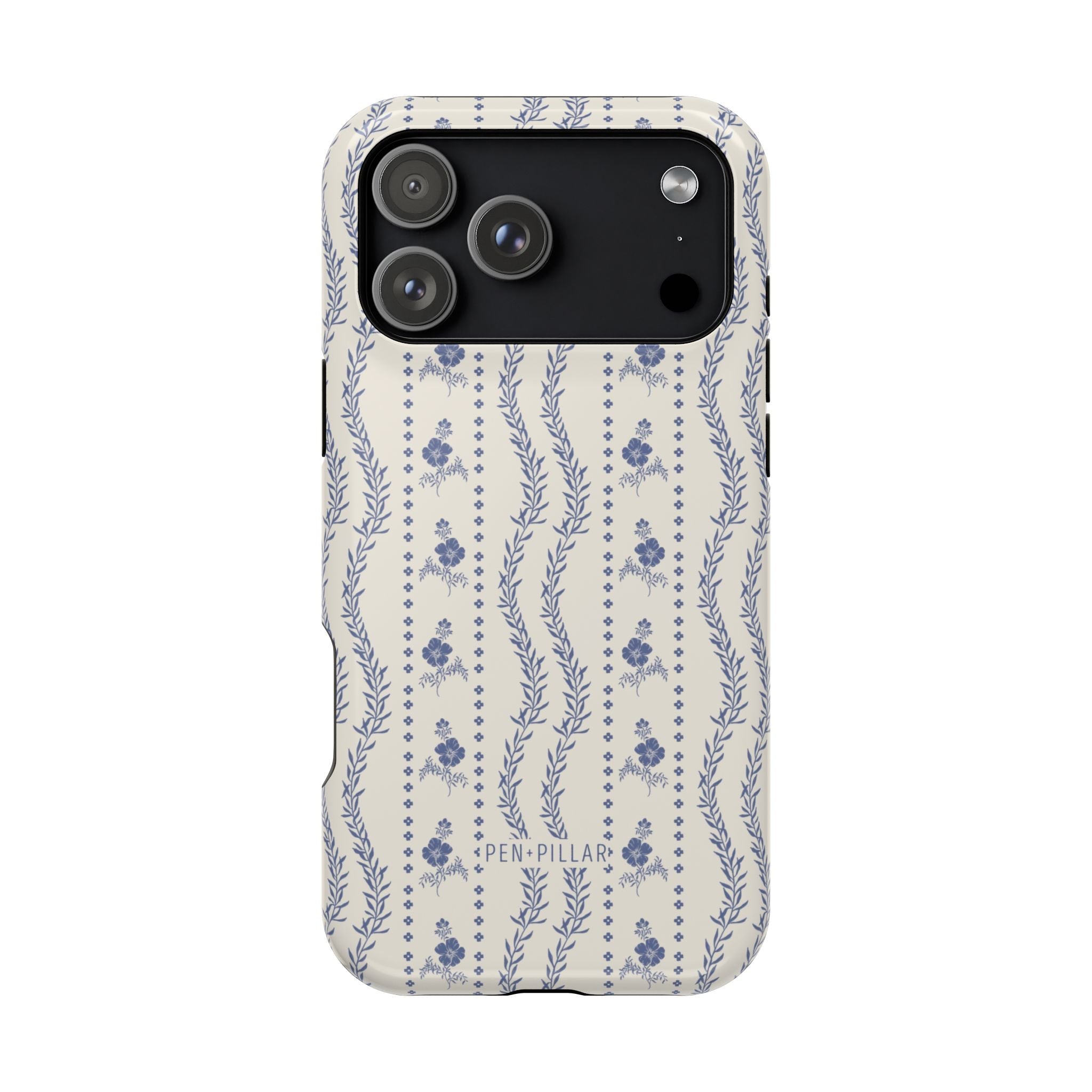 Riviera iPhone case featuring a floral design with blue flowers on a cream background, showing the back and camera cutout.