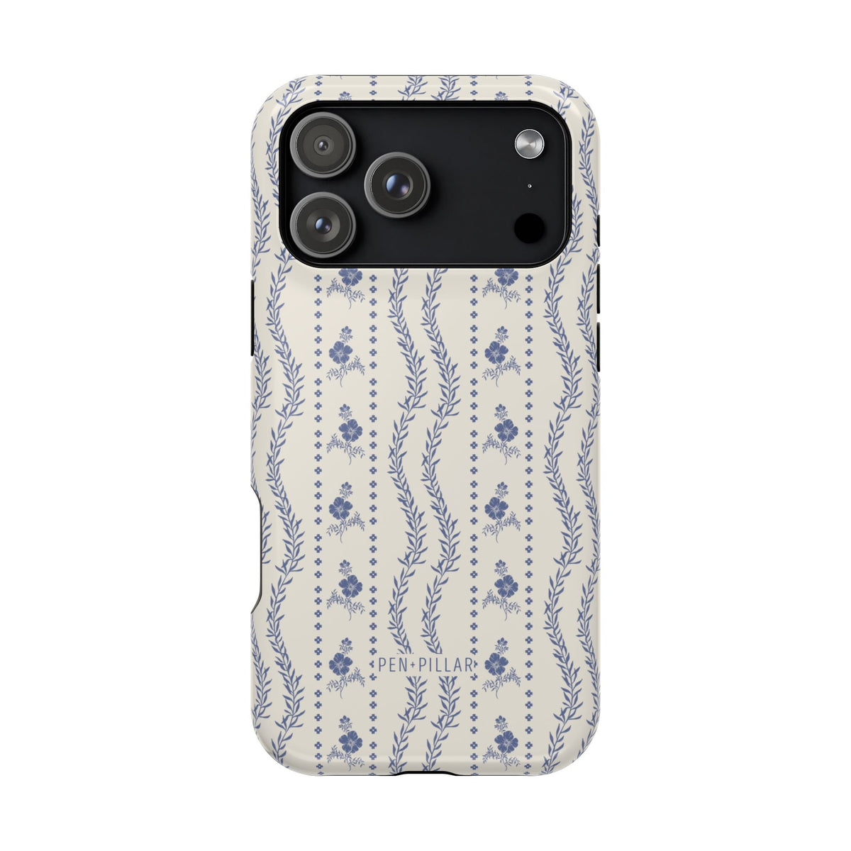Riviera iPhone case featuring a floral design with blue flowers on a cream background, showing the back and camera cutout.