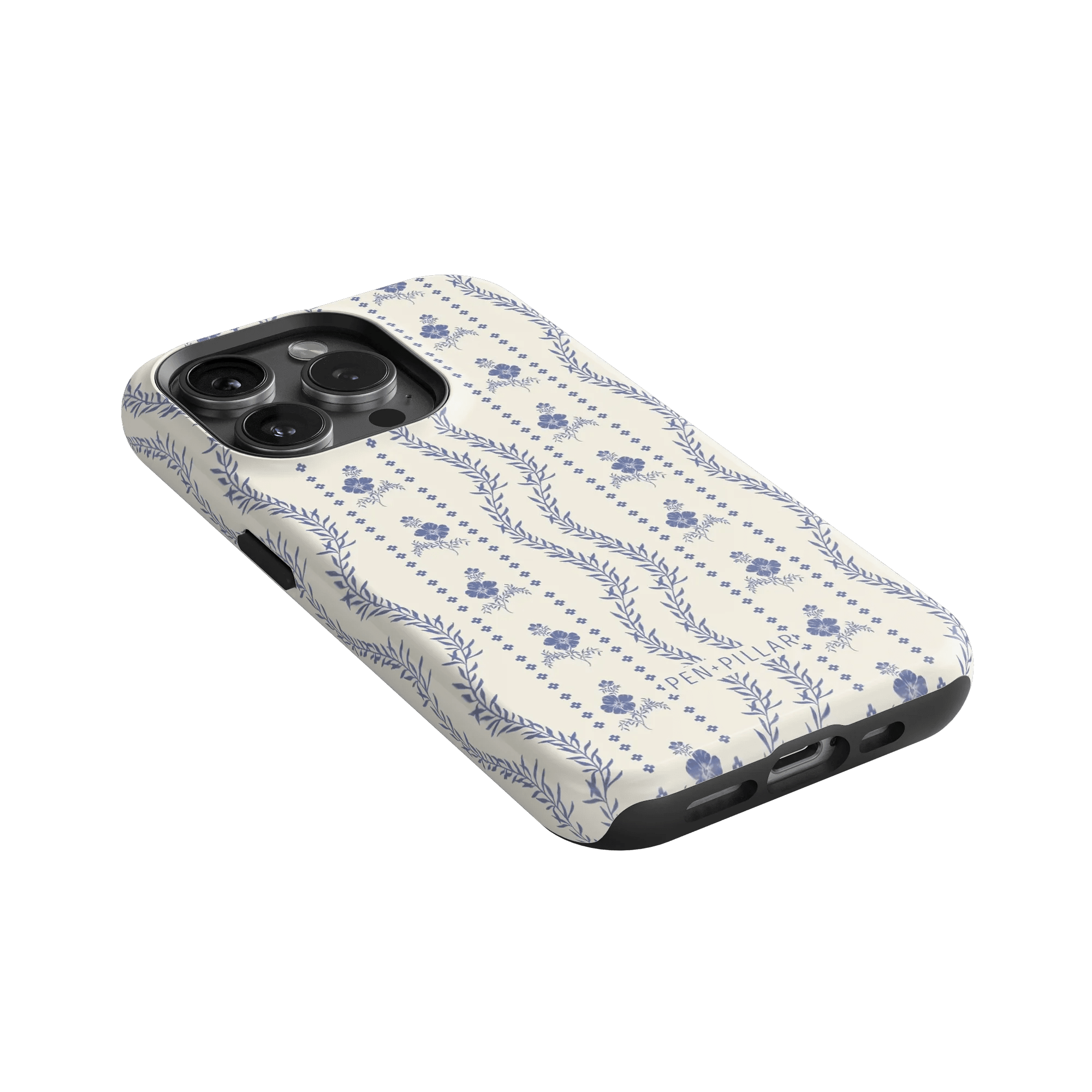 Riviera iPhone case featuring a floral pattern in blue on a light background, angled to show camera cutout.