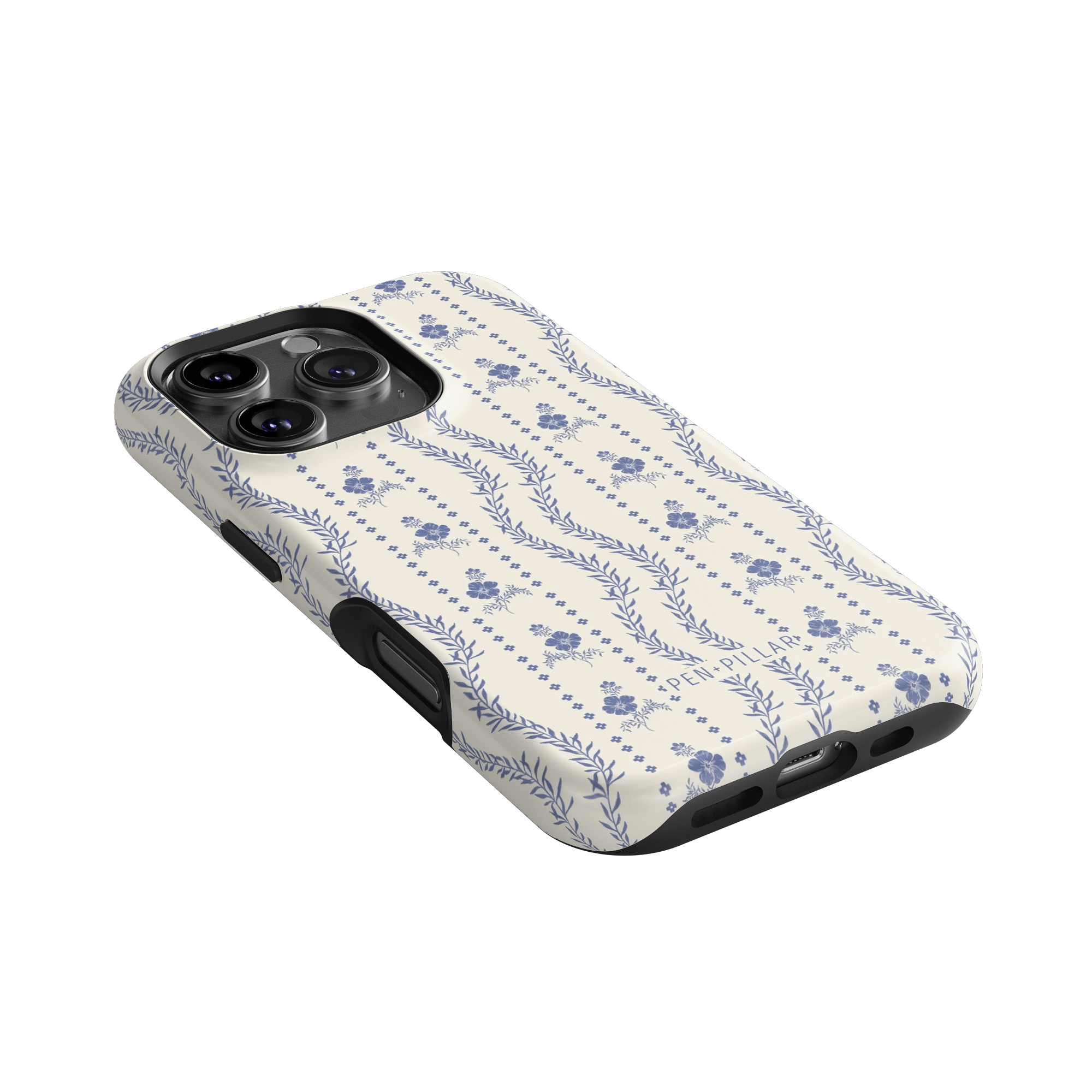 Riviera iPhone case featuring a floral pattern in blue on a cream background, angled to show camera cutout.