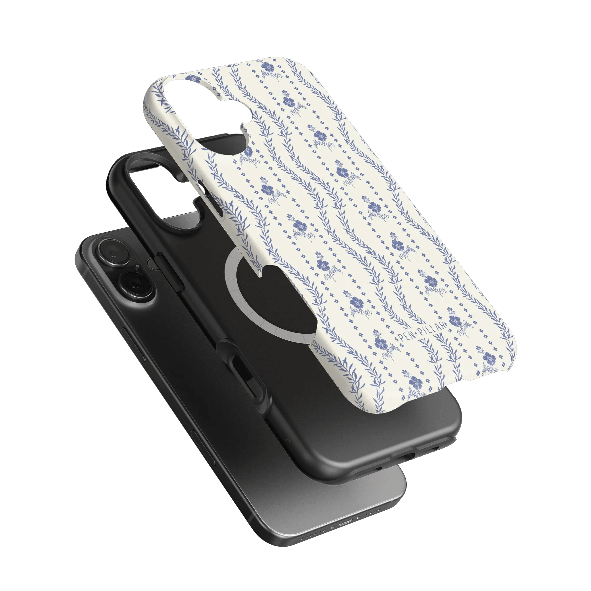 Riviera iPhone case featuring a floral pattern in blue on a white background, layered over a black phone case.