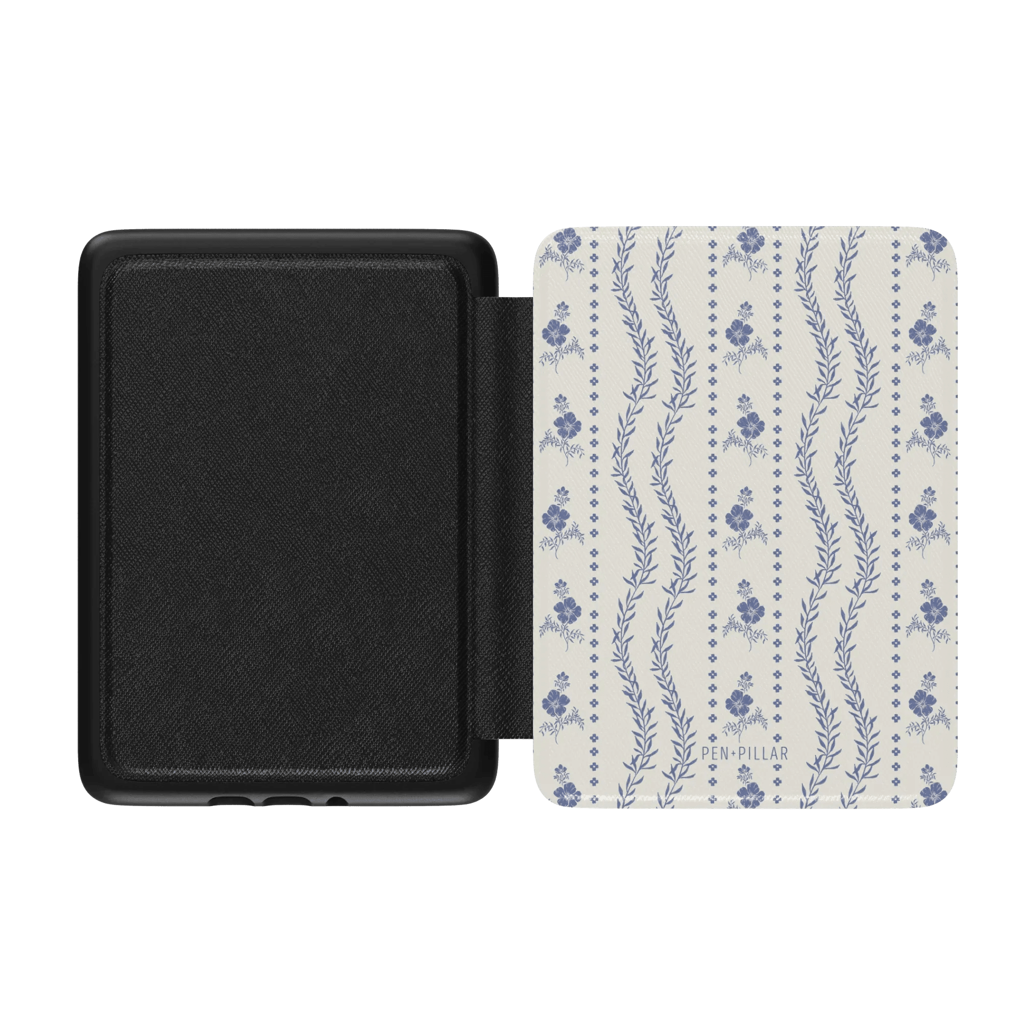 Riviera Kindle case with a floral pattern in blue and white, featuring a black interior and a soft cover.