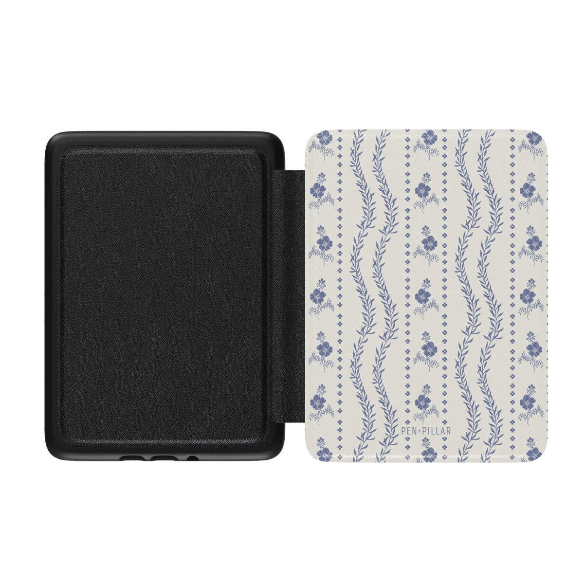 Riviera Kindle case with a floral pattern in blue and white, featuring a black interior and a soft cover.