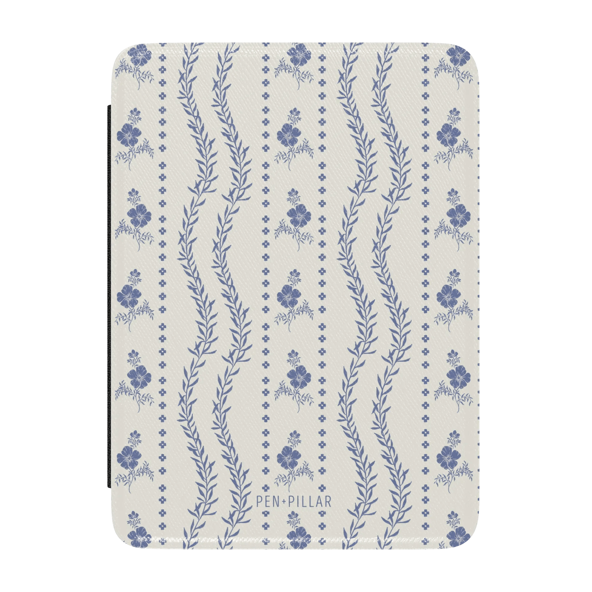 Riviera Kindle case featuring a floral pattern in blue and white with wavy lines and a textured finish.