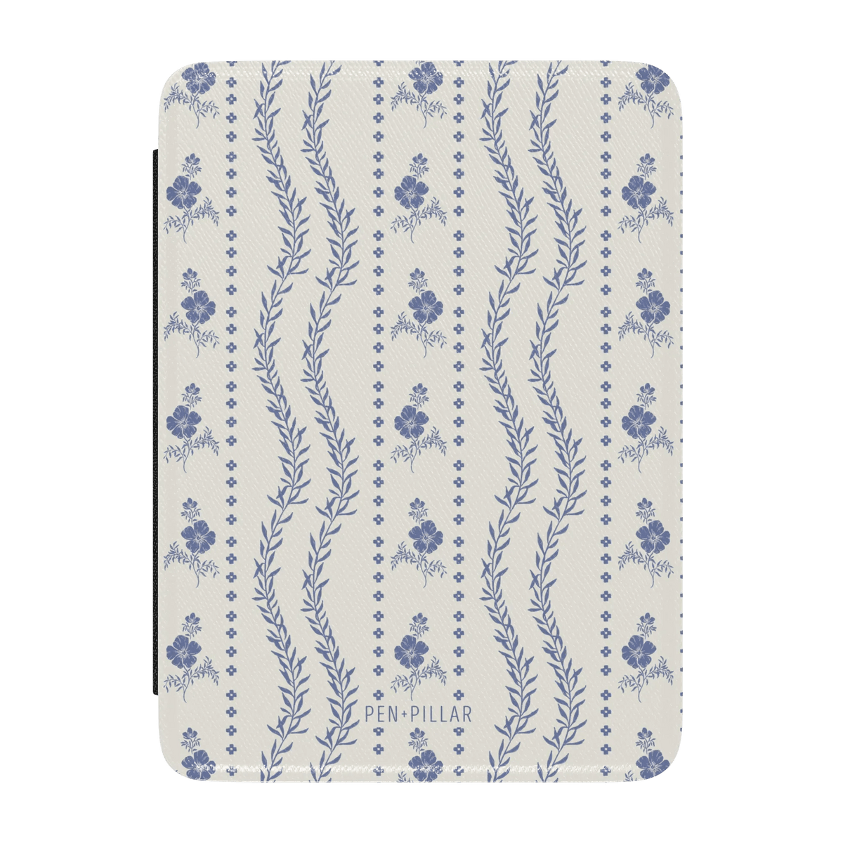 Riviera Kindle case featuring a floral pattern in blue and white with wavy lines and a textured finish.