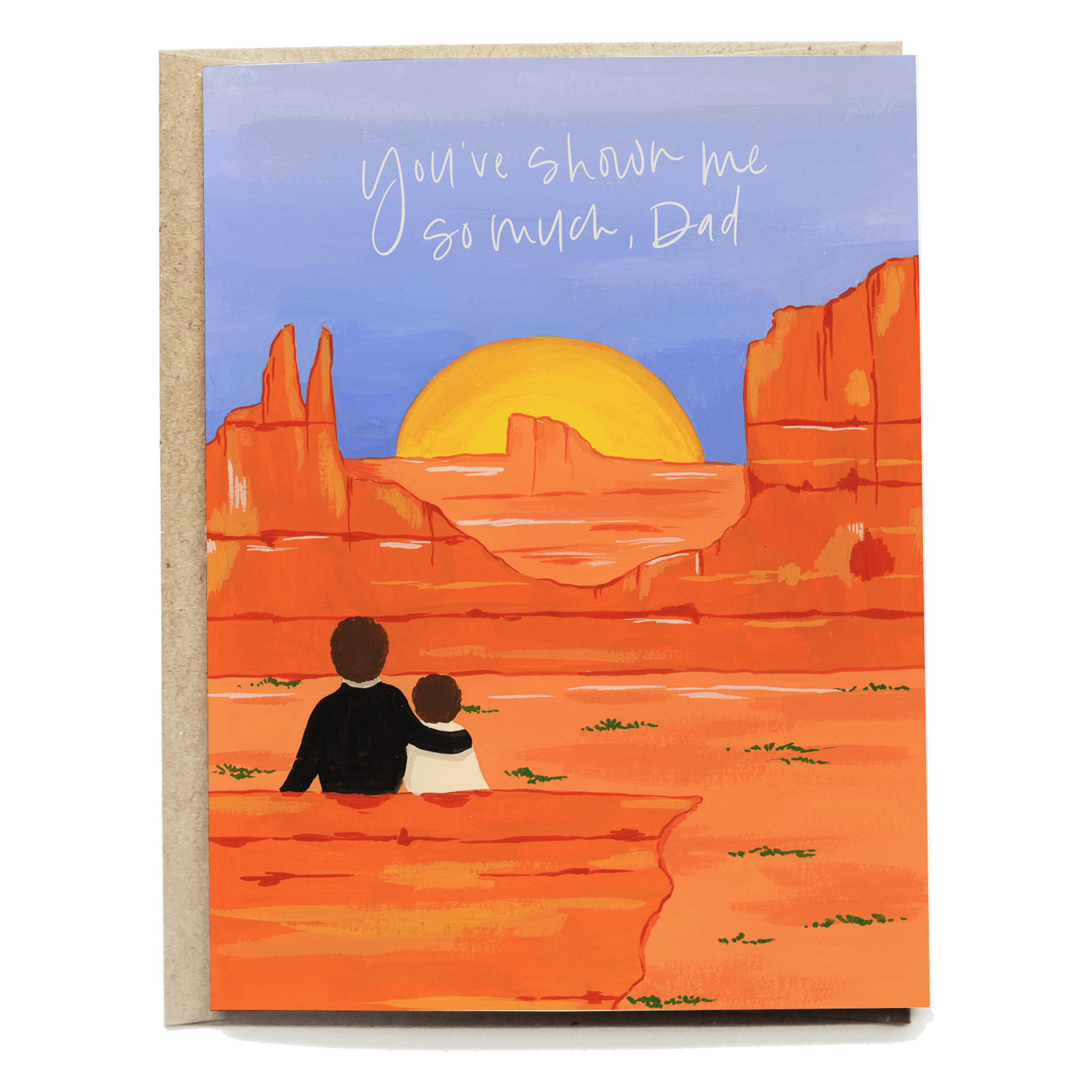 Road trip Father's Day card featuring a sunset over red rock formations with a father and child silhouette.