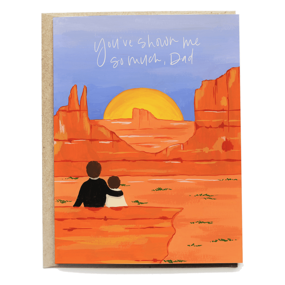 Road trip Father's Day card featuring a sunset over red rock formations with a father and child silhouette.