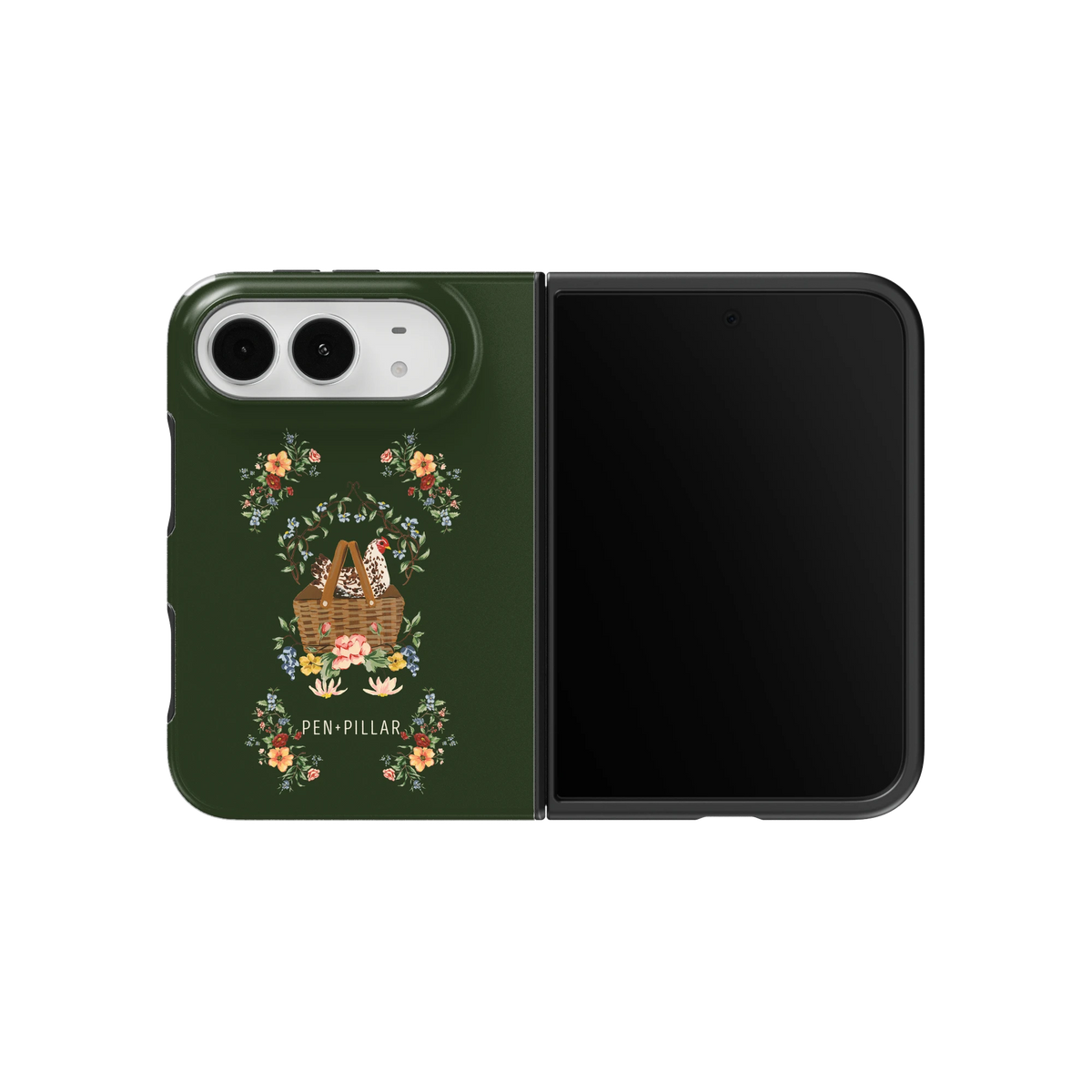 Roost iPhone 18 Duo case on an unfolded iPhone 18 Duo, back and screen side by side: a hen in a basket wreathed in florals on deep green