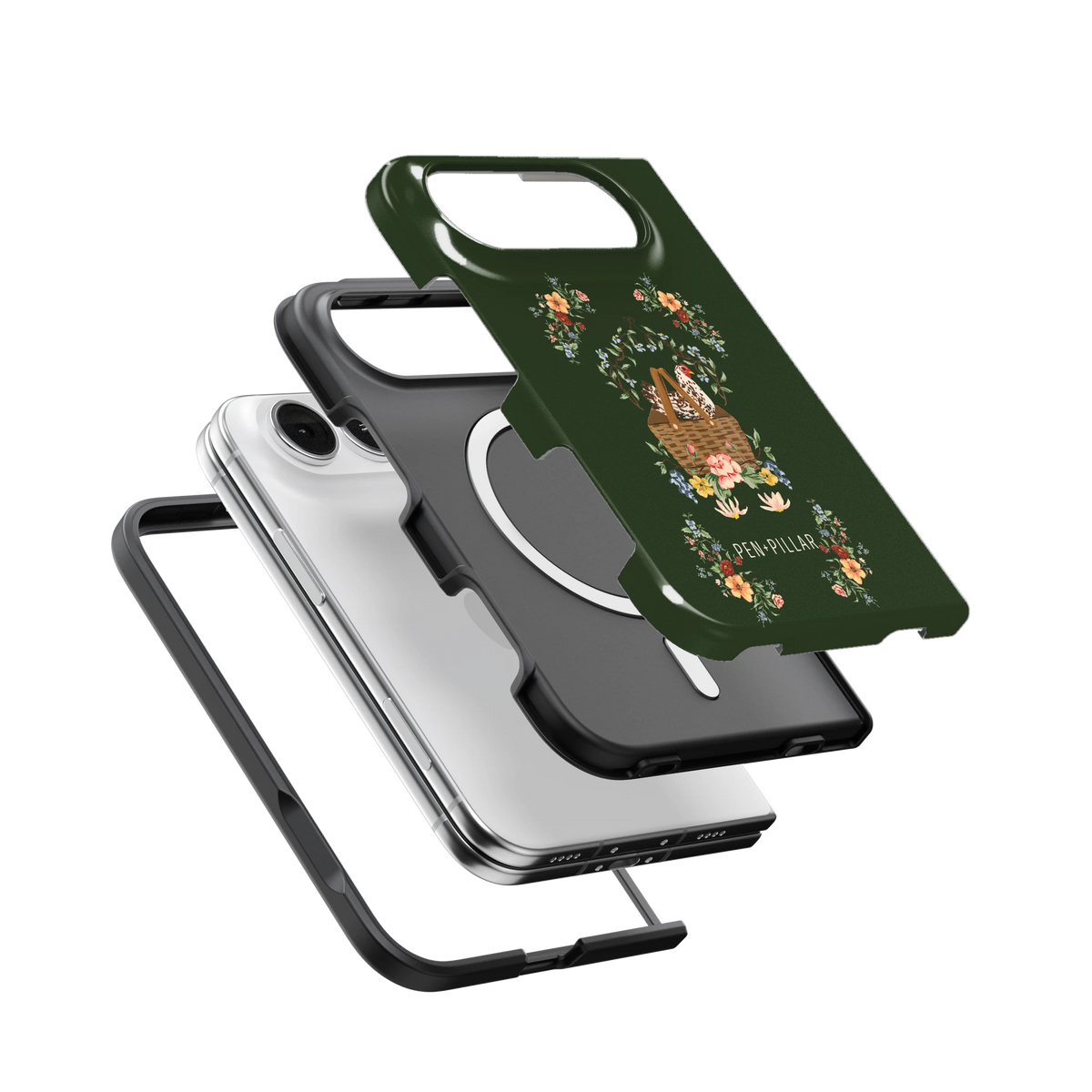Roost iPhone 18 Duo case, exploded view of the printed shell, black inner layer with MagSafe ring, and phone