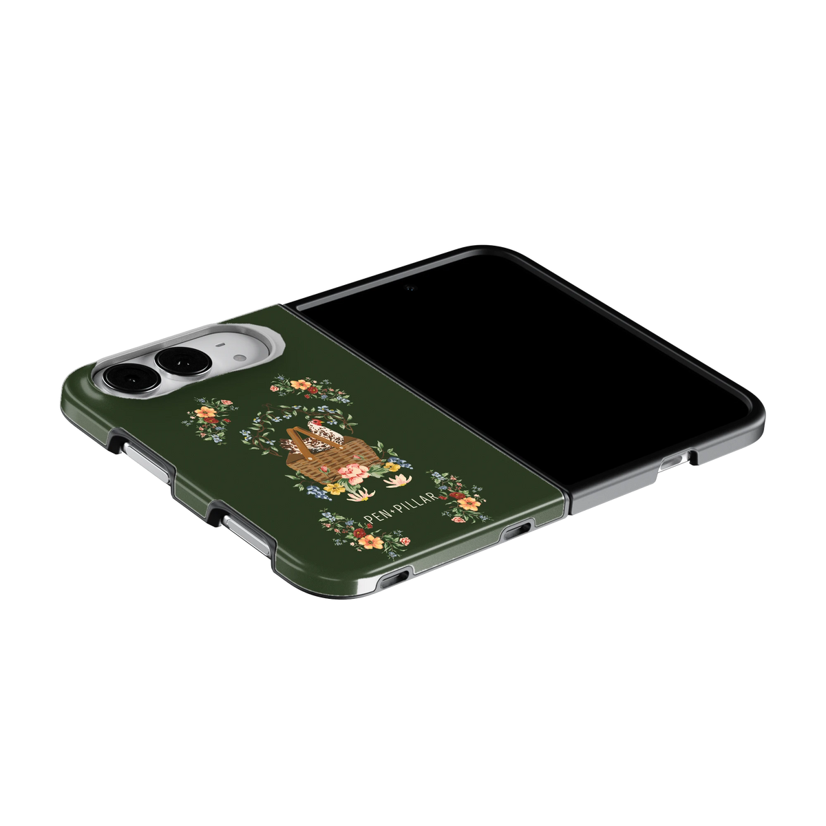 Roost iPhone 18 Duo case on an iPhone 18 Duo lying flat, unfolded