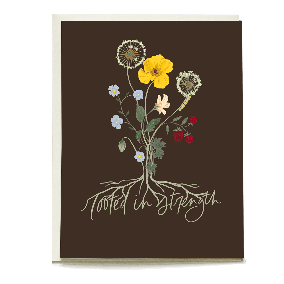 Roots sympathy card featuring a floral design with yellow and blue flowers on a dark brown background.
