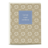 Rosa baby card featuring a beige floral pattern with a blue square that reads "Can't wait to spoil your little one.