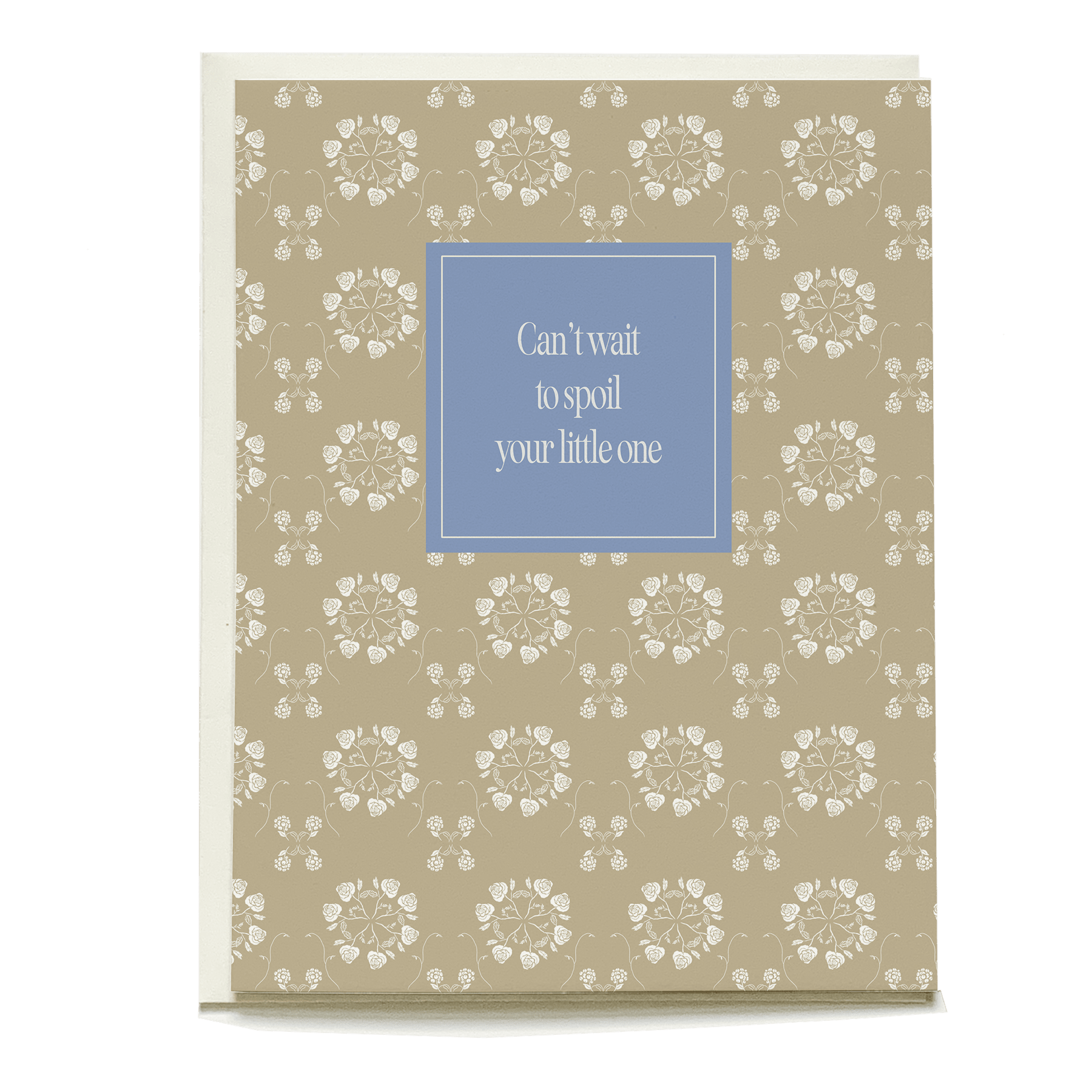 Rosa baby card featuring a beige floral pattern with a blue square that reads "Can't wait to spoil your little one.