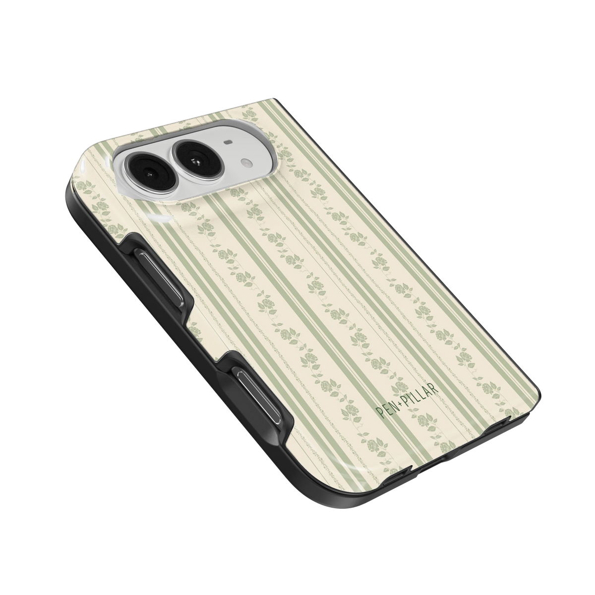 Roselle iPhone 18 Duo case, angled view showing the camera surround and side buttons