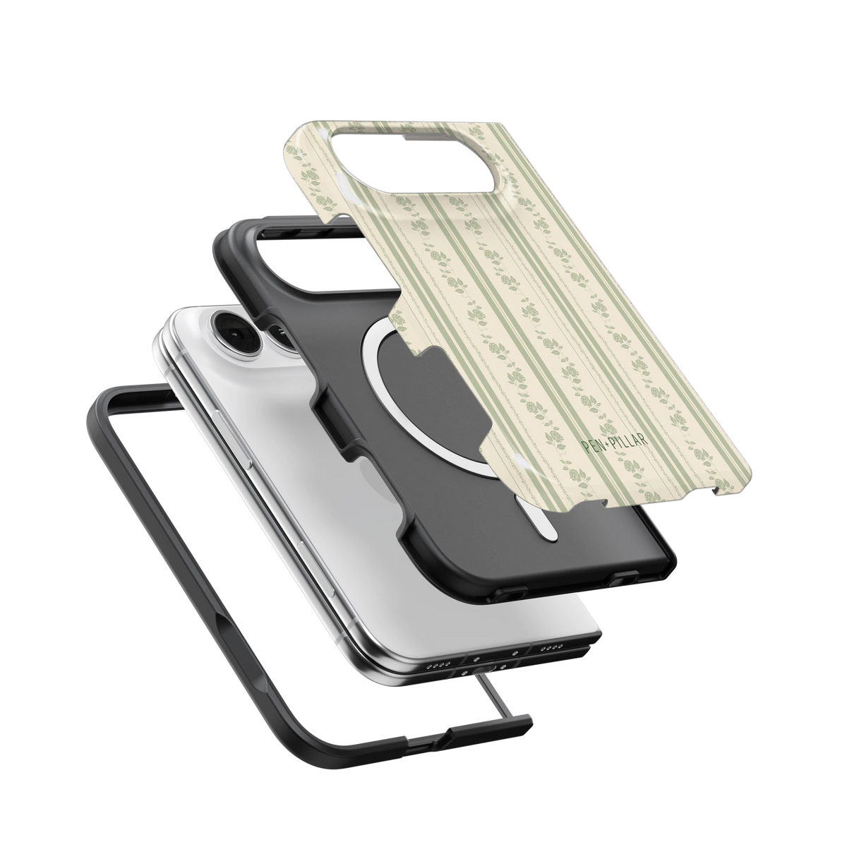 Roselle iPhone 18 Duo case, exploded view of the printed shell, black inner layer with MagSafe ring, and phone