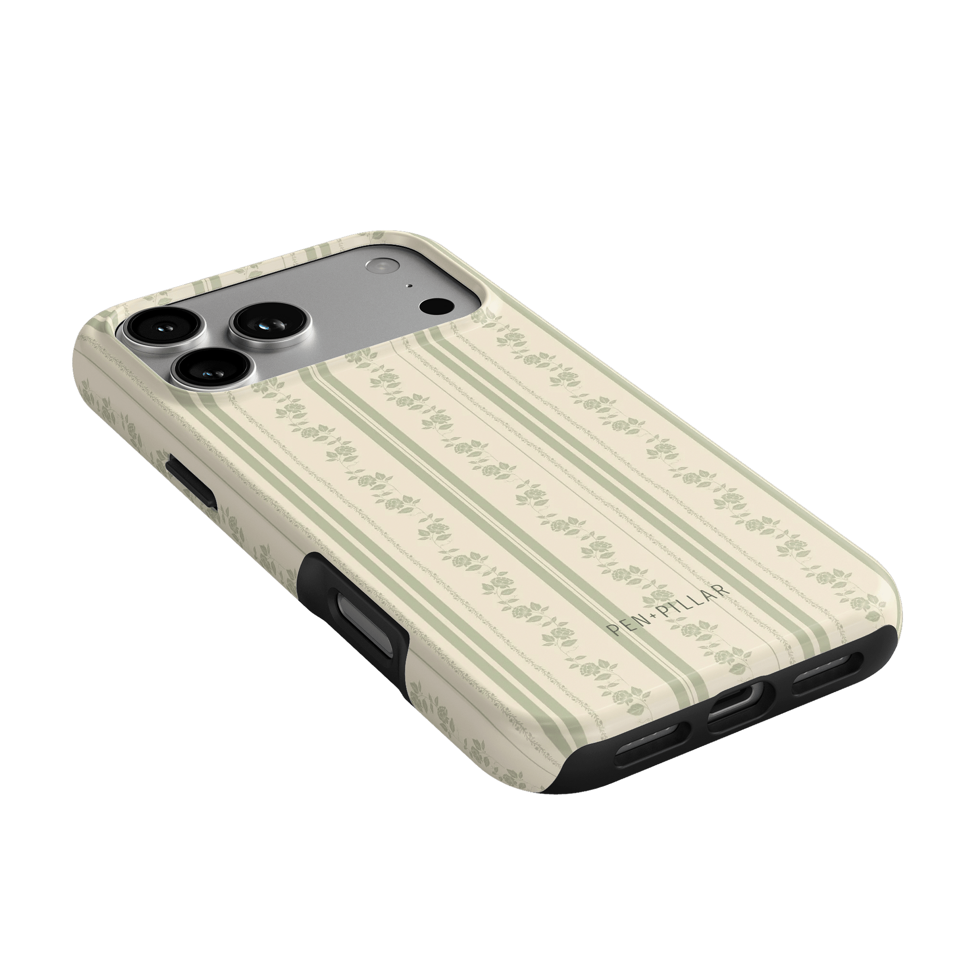 Roselle iPhone case featuring a floral pattern on a cream background, angled to show the camera cutout and buttons.