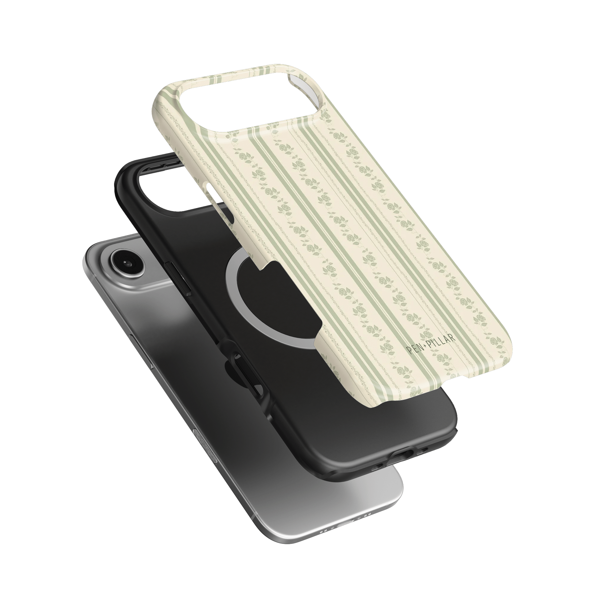 Roselle iPhone case featuring a floral pattern on a cream background, layered over a black phone case.