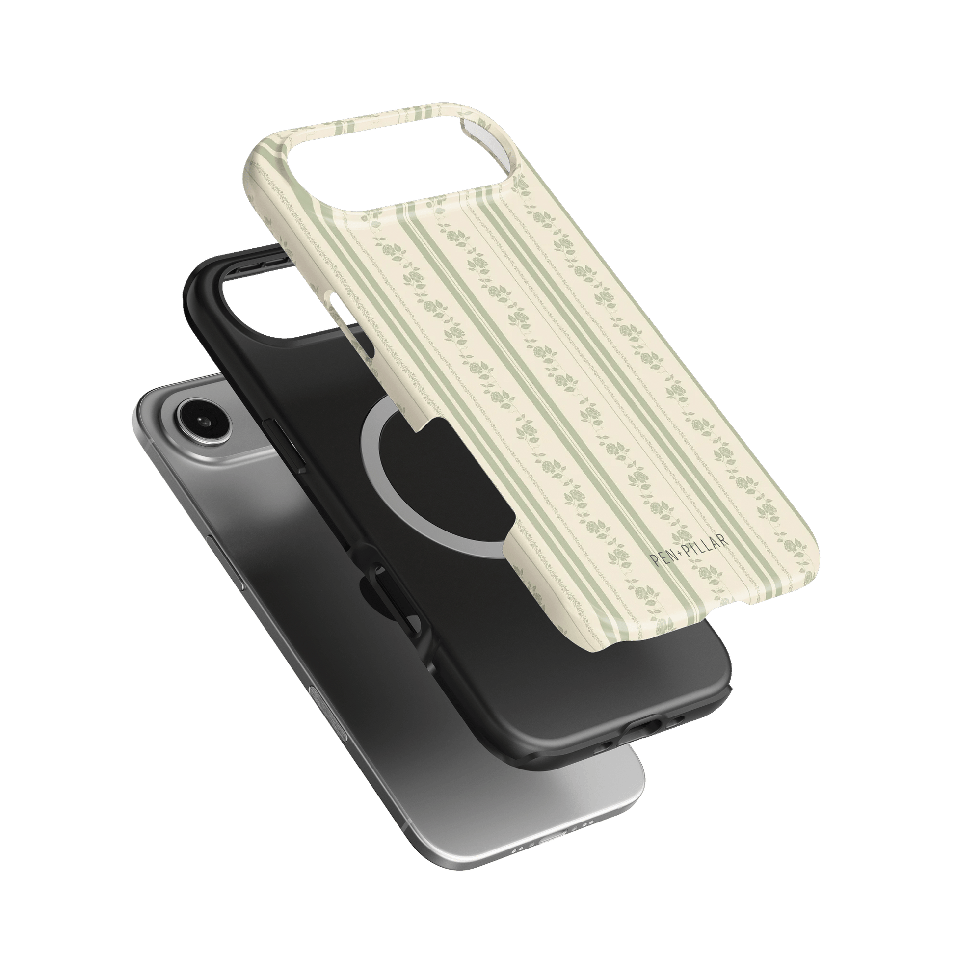 Roselle iPhone case featuring a floral pattern on a cream background, layered over a black phone case.