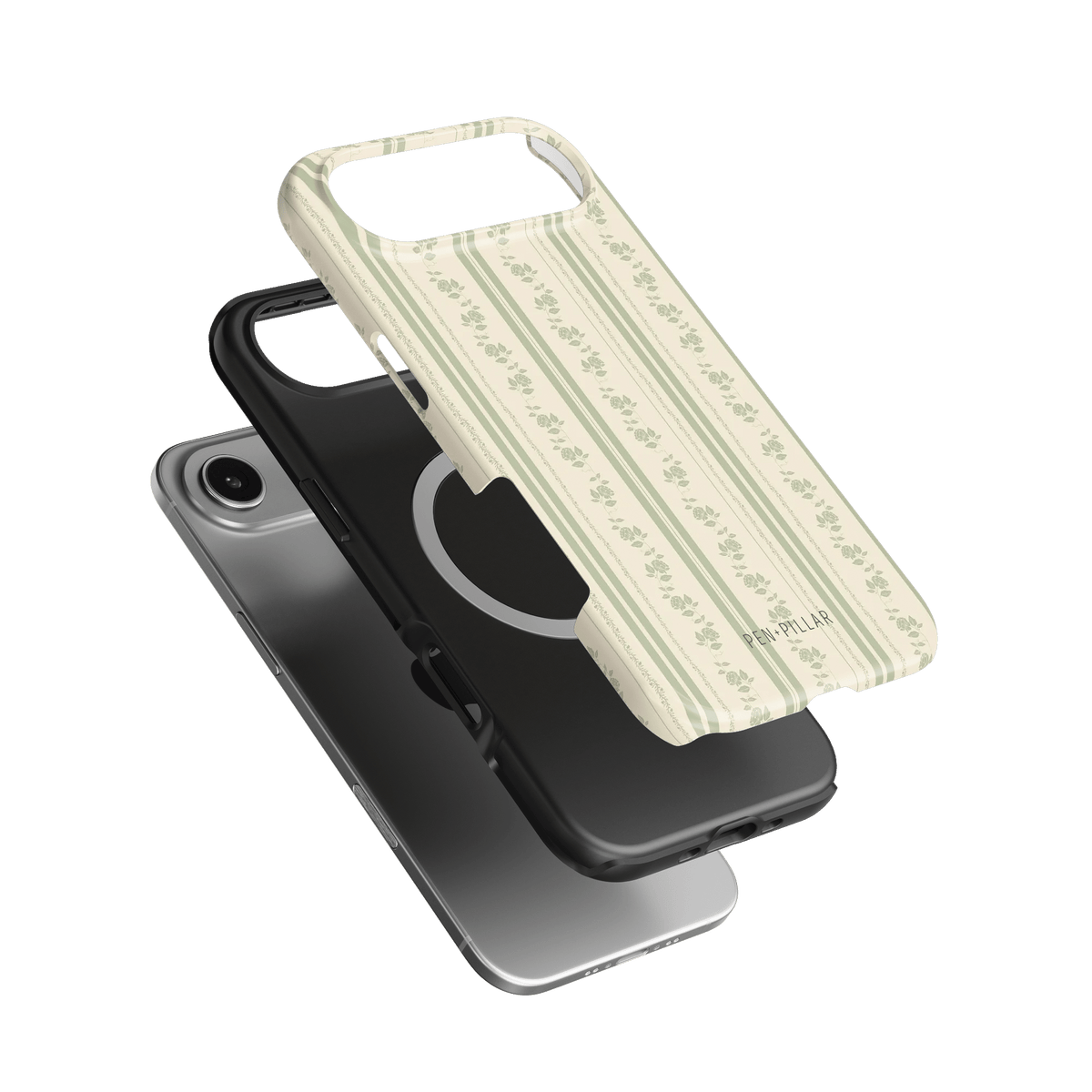 Roselle iPhone case featuring a floral pattern on a cream background, layered over a black phone case.