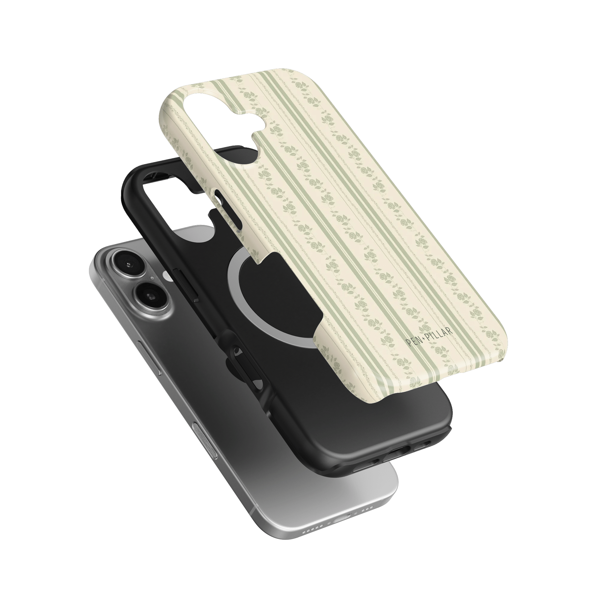 Roselle iPhone case featuring a floral pattern on a light background, stacked with a black phone case and a silver phone.