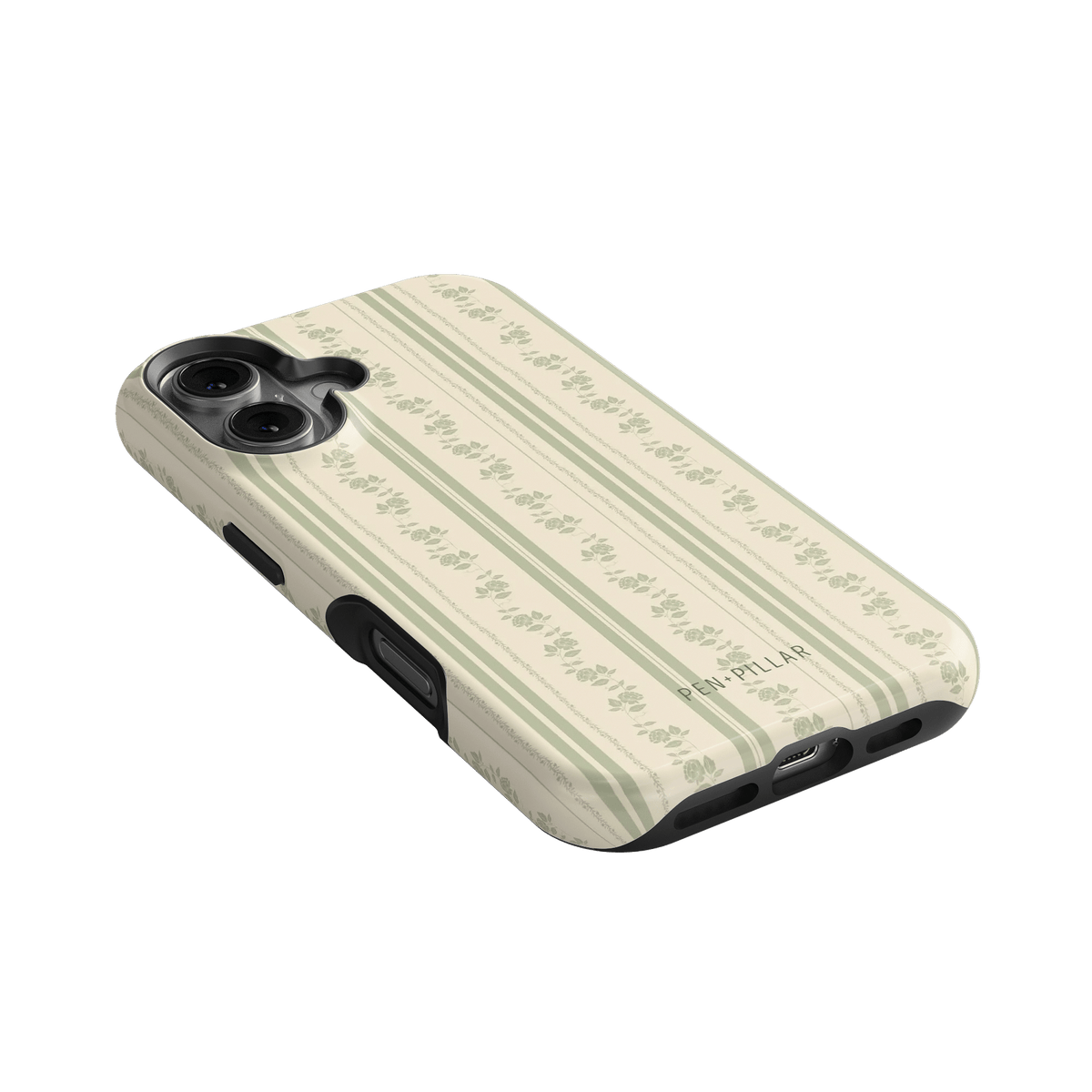 Roselle iPhone case featuring a cream background with a floral pattern and black edges, angled view showing buttons.