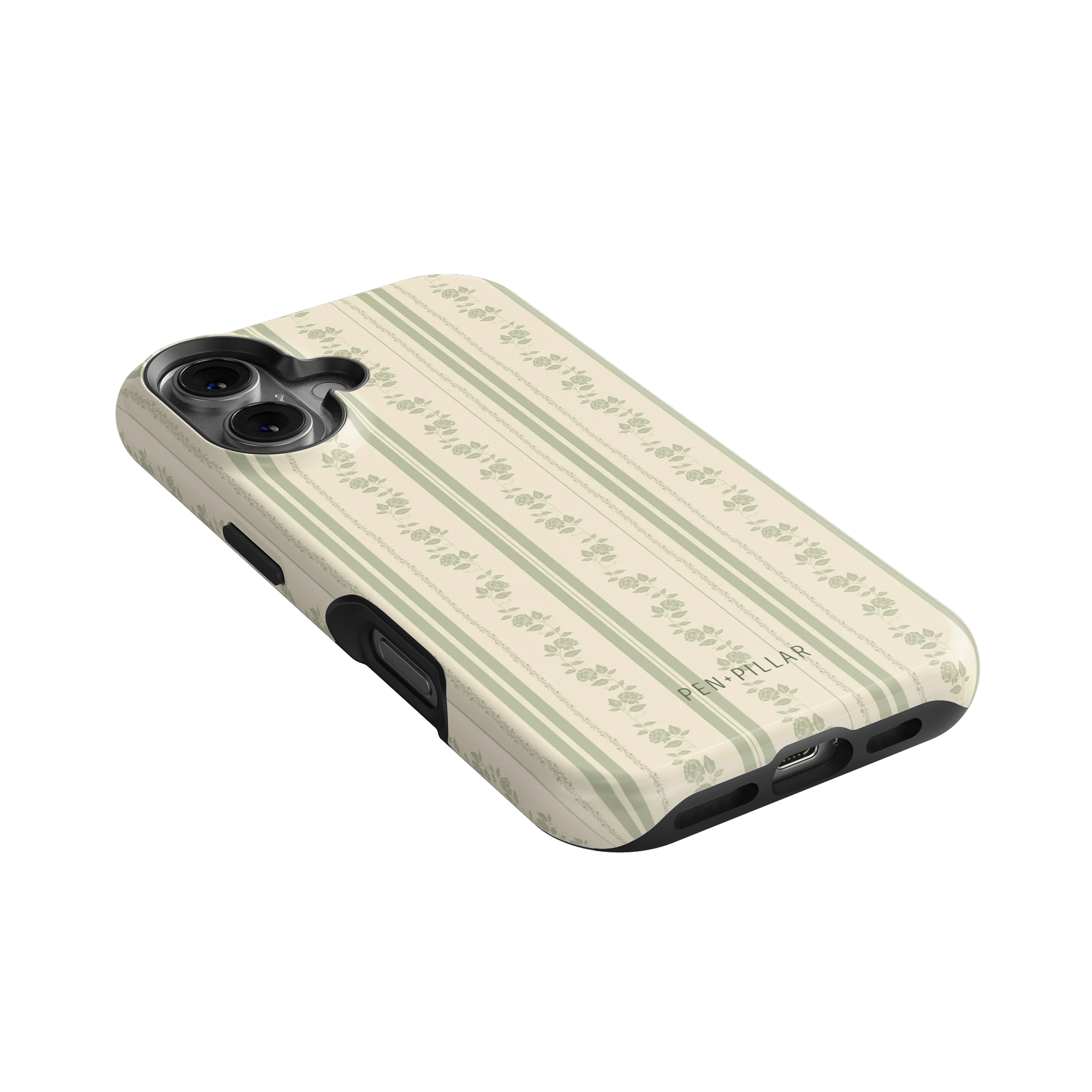 Roselle iPhone case featuring a cream background with a floral pattern and black edges, angled view showing buttons.