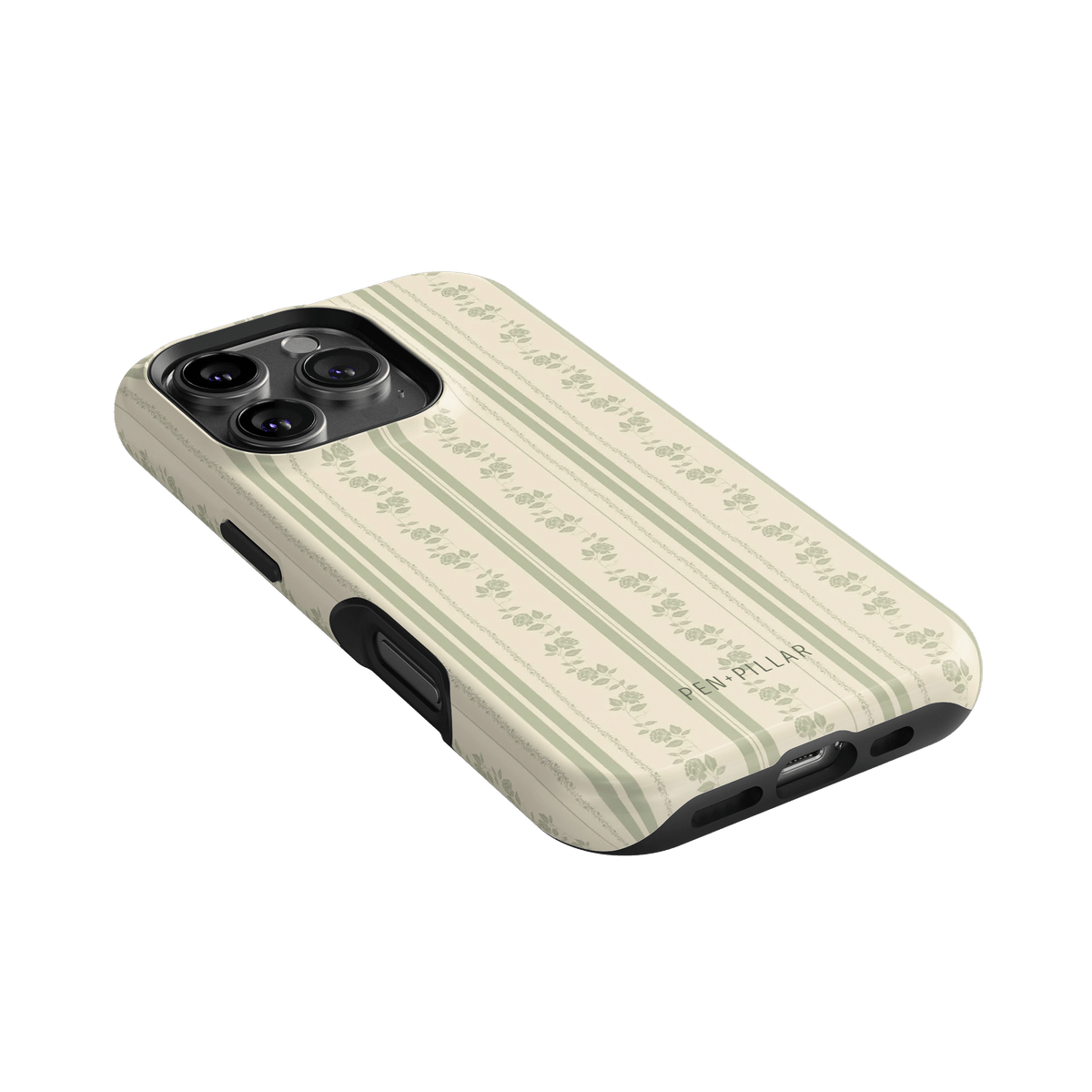 Roselle iPhone case featuring a floral pattern on a cream background with black edges and camera cutout.