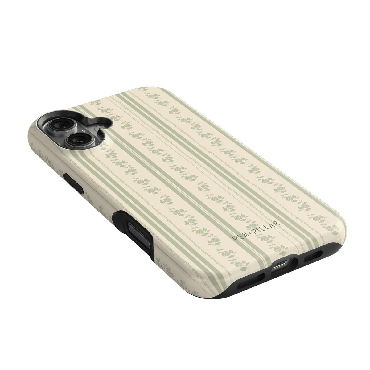 Roselle iPhone case with a floral pattern on a cream background, showing camera cutout and button placements.