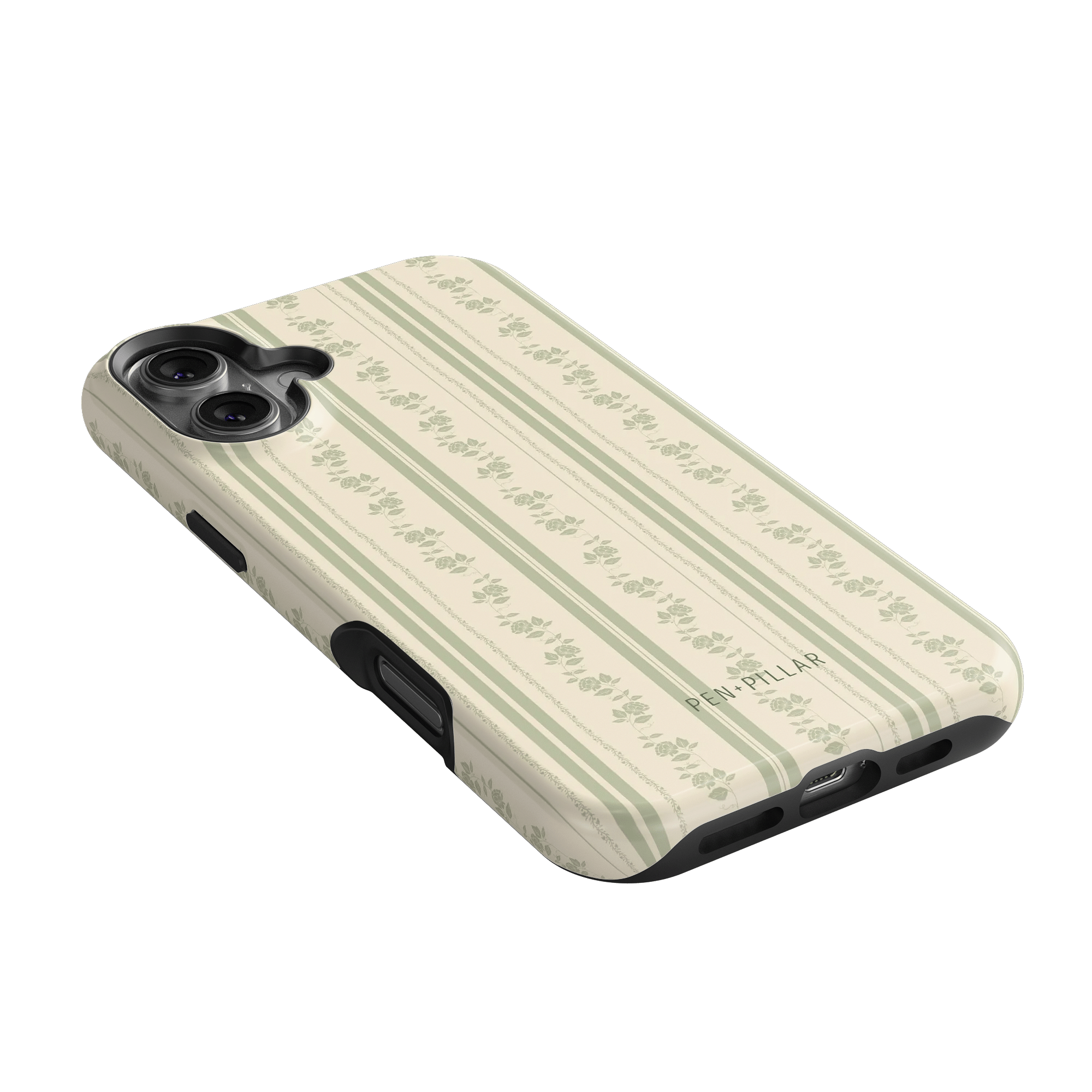 Roselle iPhone case with a floral pattern on a cream background, showing camera cutout and button placements.