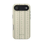 Roselle iPhone case featuring a floral pattern in muted green and cream colors with a textured finish.