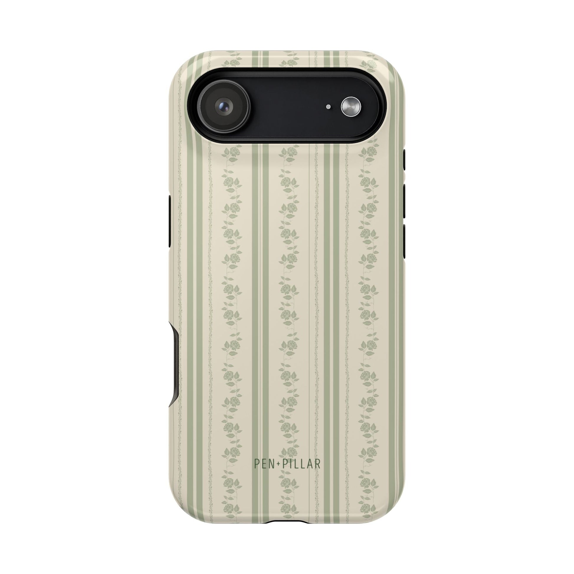 Roselle iPhone case featuring a floral pattern in muted green and cream colors with a textured finish.