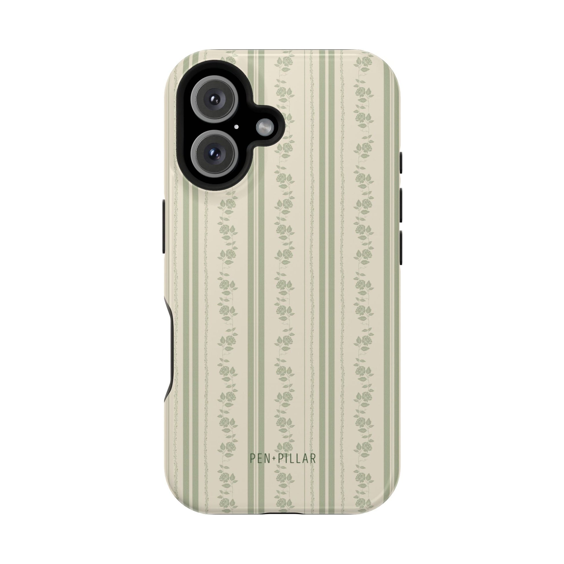 Roselle iPhone case featuring a light green striped design with floral patterns and a black camera cutout.