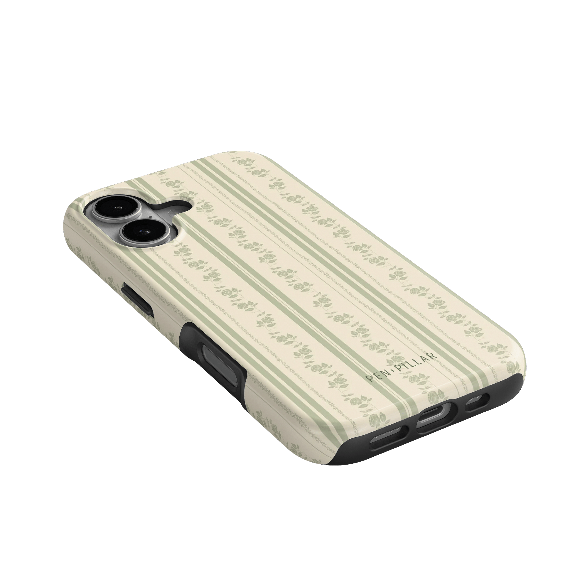 Roselle iPhone case with a floral pattern on a light background, angled view showing camera cutouts and buttons.