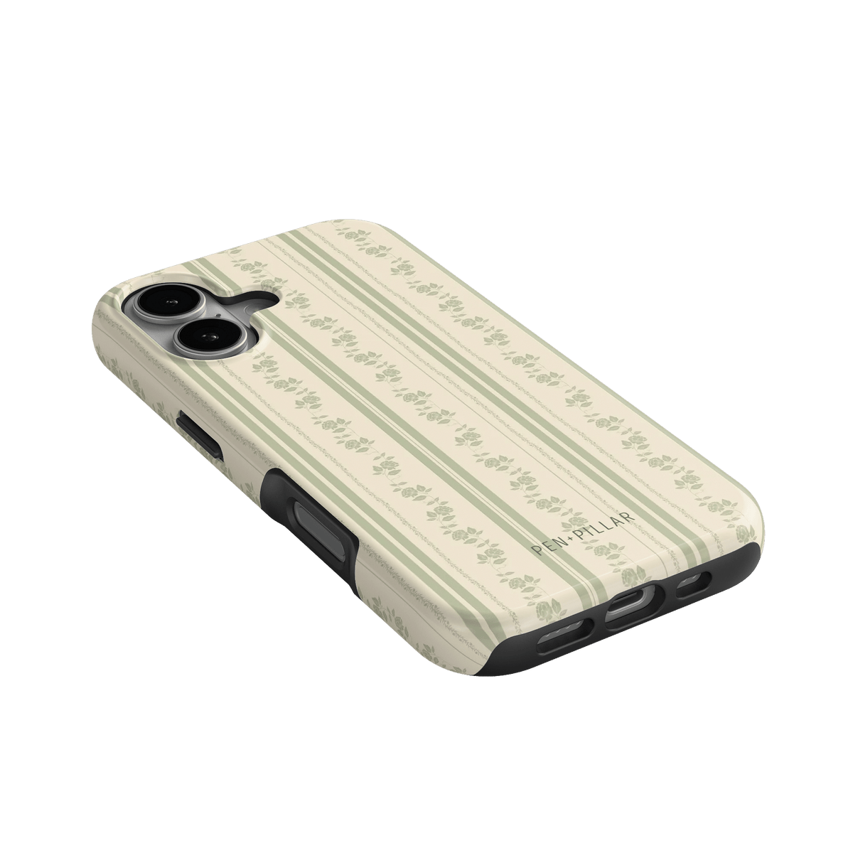 Roselle iPhone case with a floral pattern on a light background, angled view showing camera cutouts and buttons.