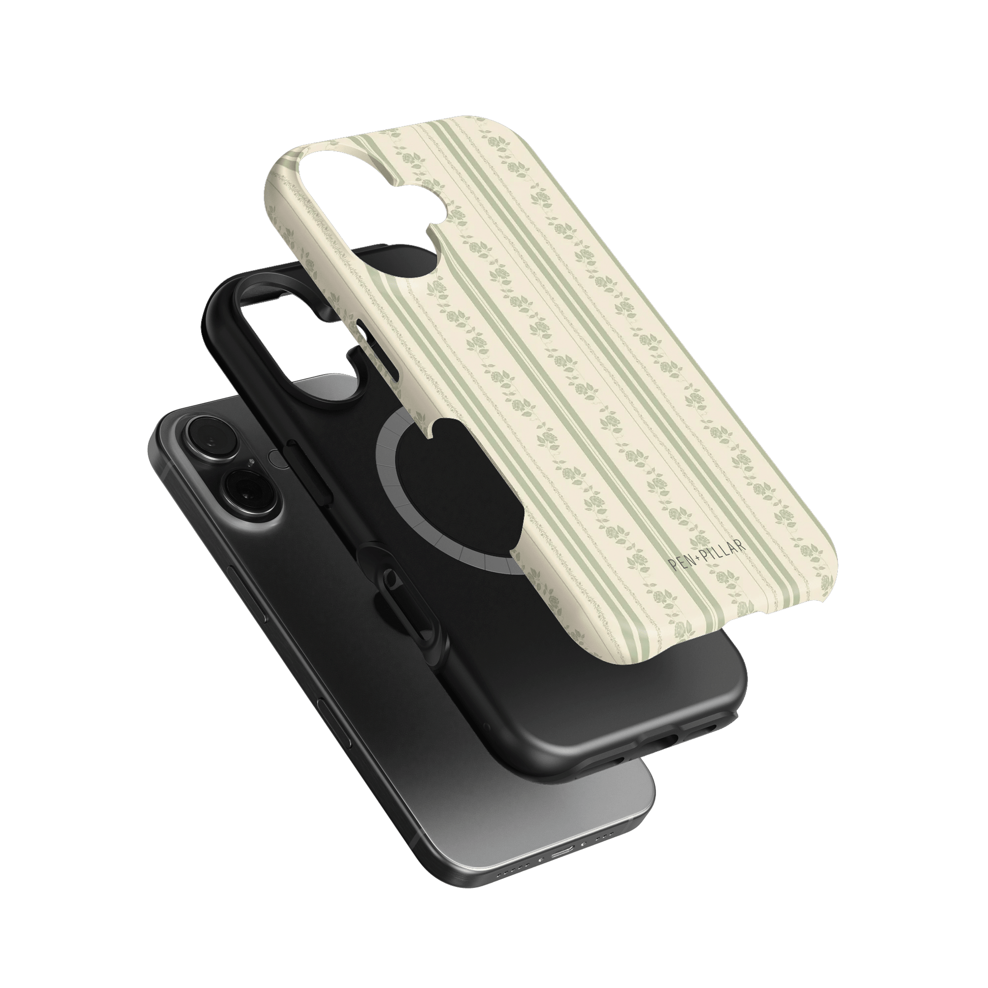 Roselle iPhone case featuring a floral pattern on a cream background, layered over a black phone case.