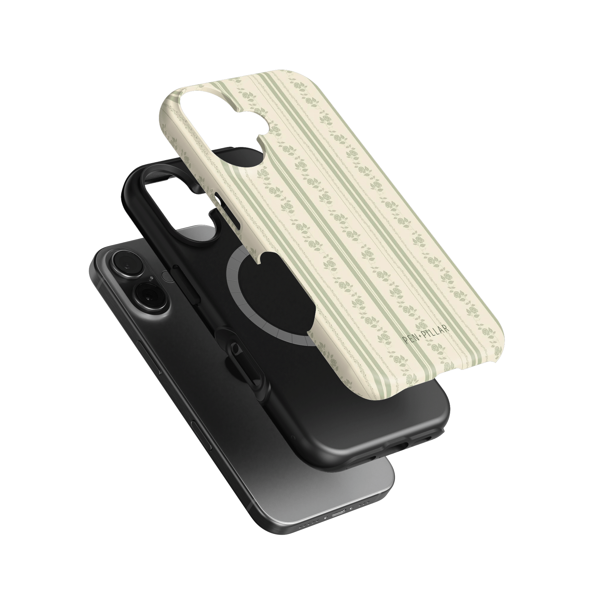 Roselle iPhone case featuring a floral pattern on a cream background, layered over a black phone case.