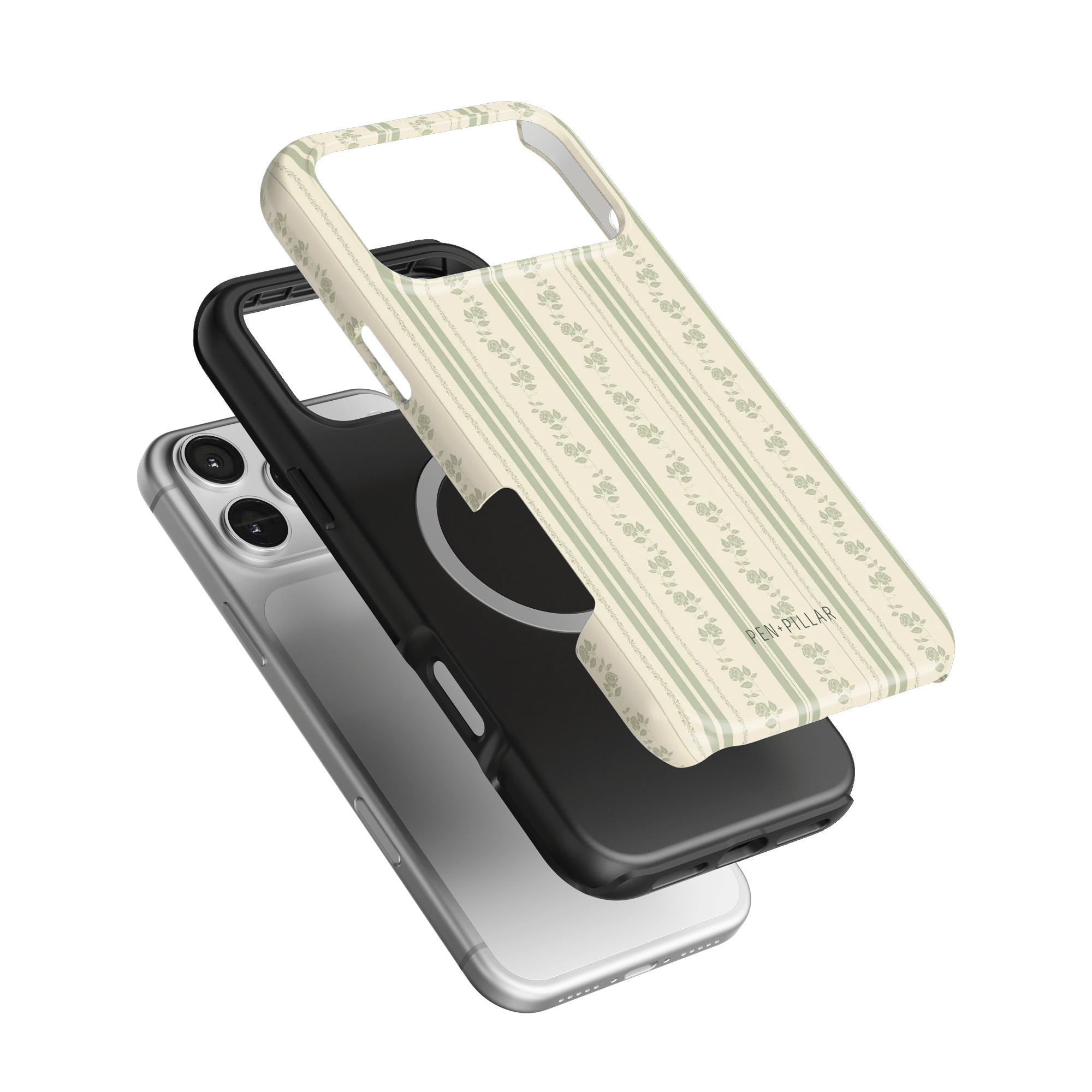 Roselle iPhone case featuring a floral pattern on a light background, layered over a black and silver case.