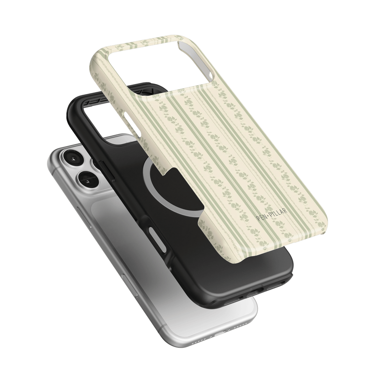 Roselle iPhone case featuring a floral pattern on a light background, layered over a black and silver case.